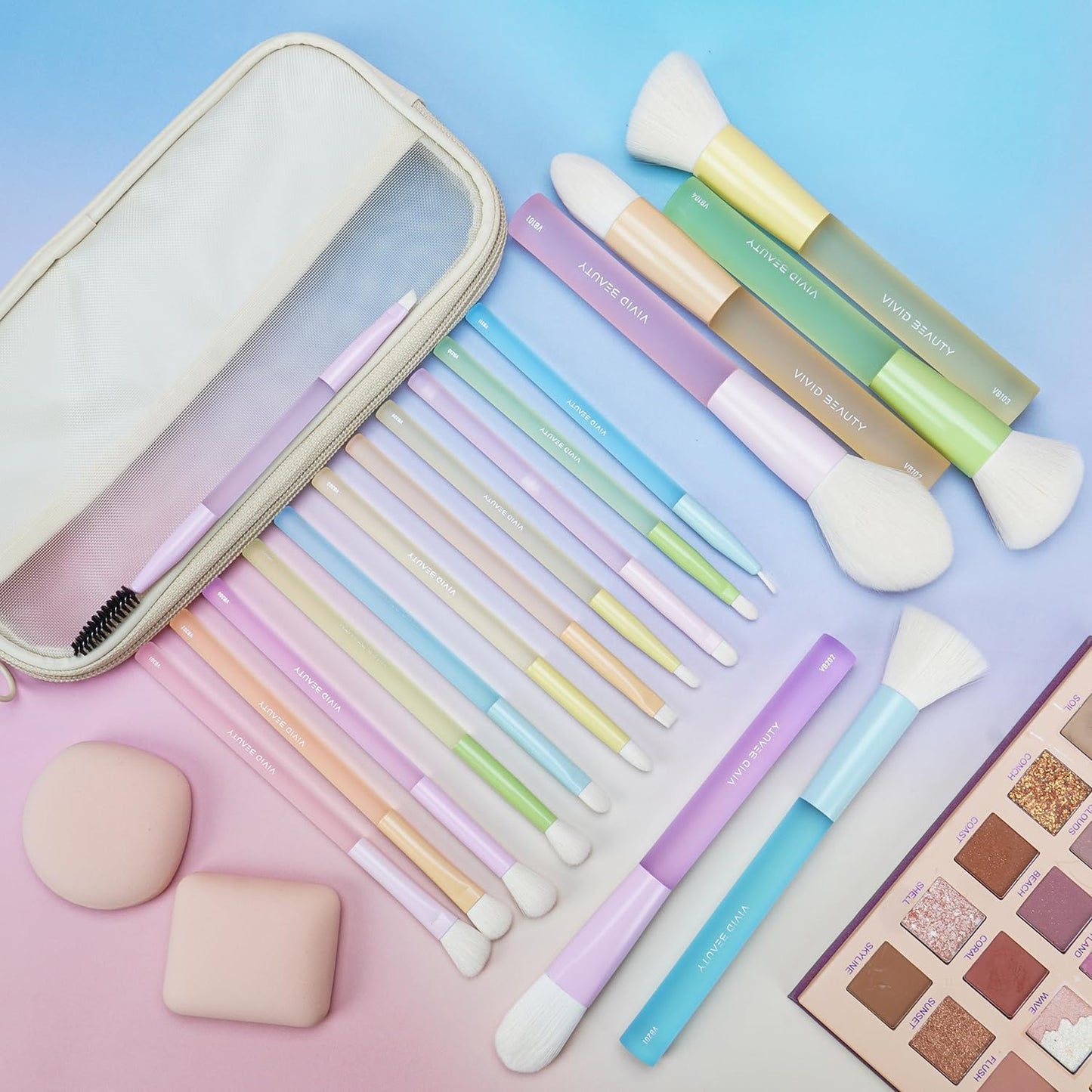 VIVID BEAUTY Makeup Brush Set, 18 Pcs Makeup Brushes with 2 Sponges & Travel Bag, Colorful Make up Brushes for Foundation Powder Blush Blending Eyeshadow, Face & Eye Brush Kit for Beginner