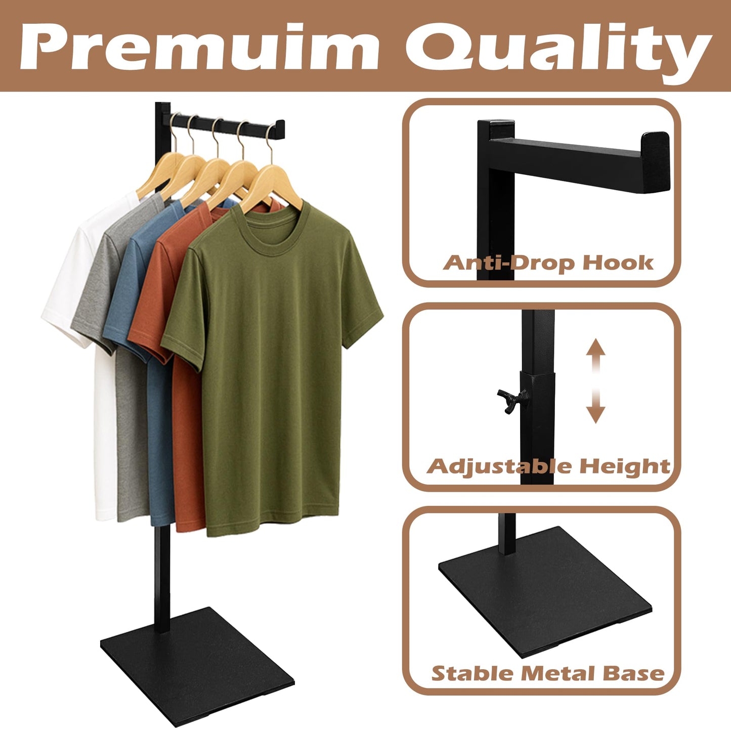 koretech Standing Clothes Rack, 21" - 36" Height Adjustable Clothes Hanger Rack Stand, Metal Clothes Rack, Clothing Display Rack, Garment Display Stand for Thrift Shops and Retail Store, Black, 1Pack