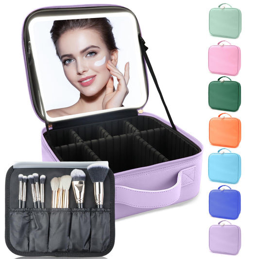 SUILU Makeup Bag with Led Mirror,with 3 Color Setting,Portable Storage and Adjustable Dividers Travel Makeup Bag, for Women and Makeup Artists Large Vanity Makeup Cases-Purple