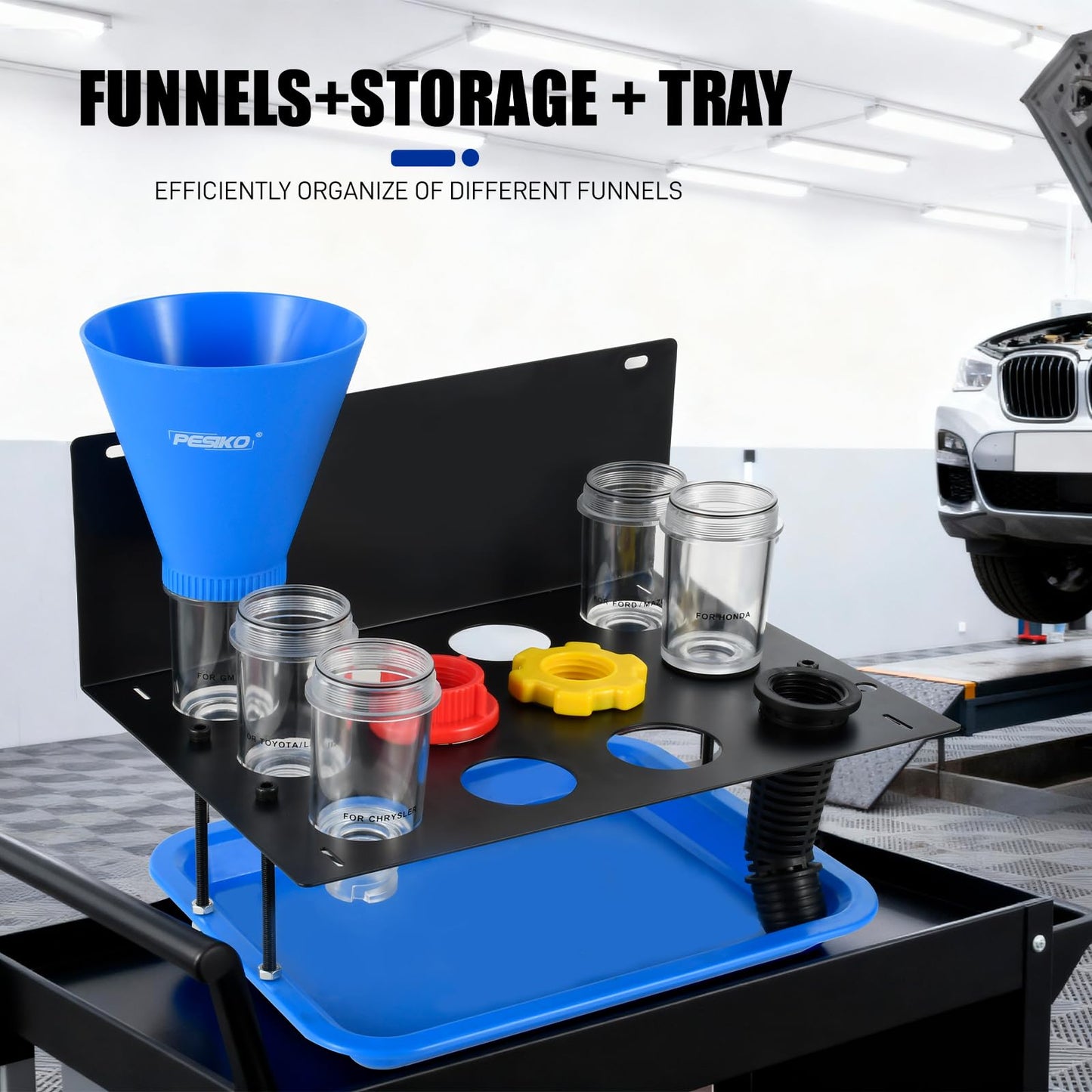 PESIKO Engine Oil Funnel Kit, No Spill Oil Change Funnel Kity with A Fixed Metal Storage Shelf Compatible with Toyota, GM, Honda, Subaru, Ford, Jeep and European, Etc