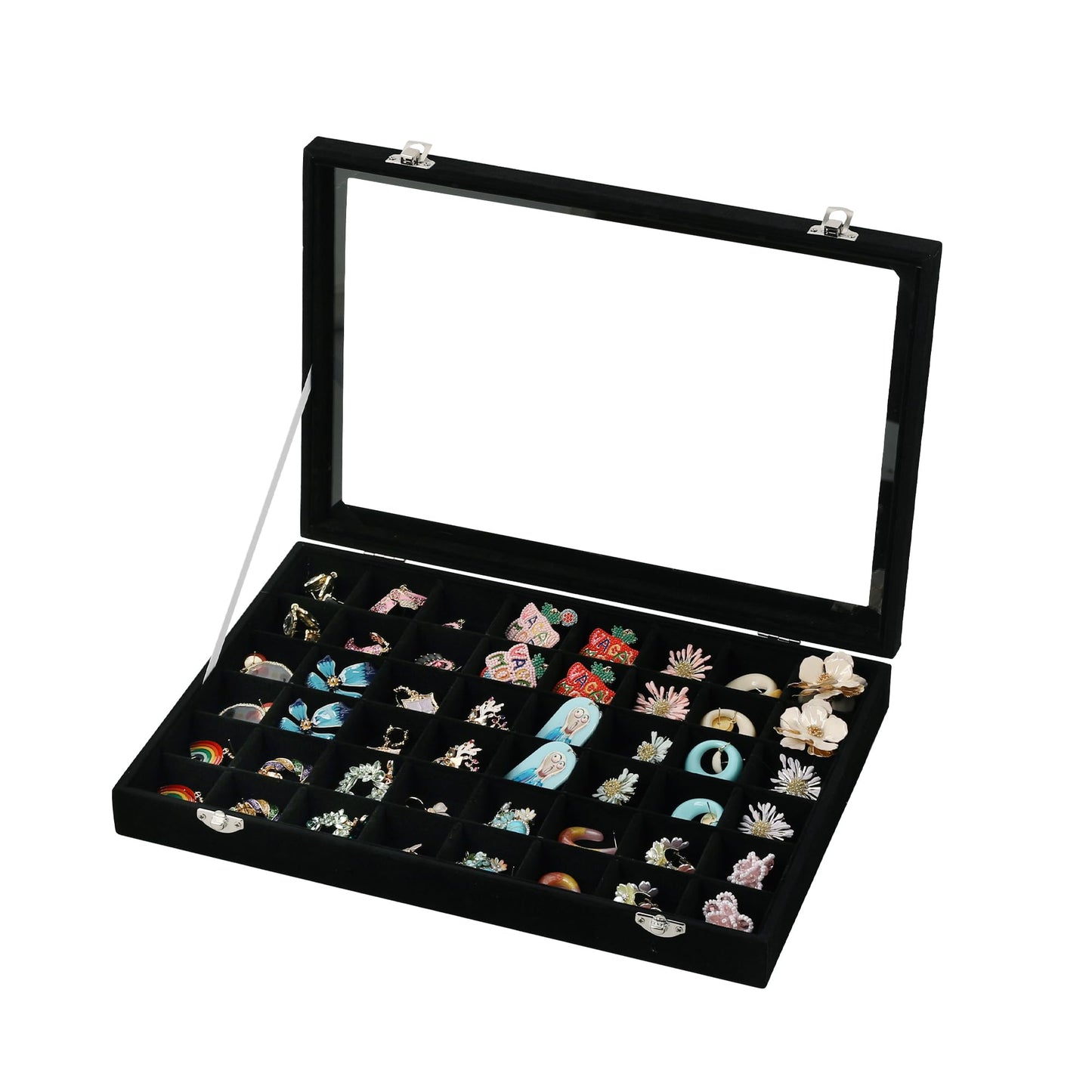 Frebeauty 48 Grid Jewelry Tray,Adjustable Earring Holder Organizer with Glass Lid,Velvet Drawer Jewelry Organizer for Rings,Studs,13.8 x 9.5 x 2 Inches Jewelry Display Box,Gift for Women(Black)