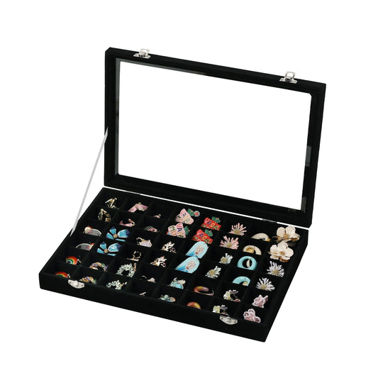 Frebeauty 48 Grid Jewelry Tray,Adjustable Earring Holder Organizer with Glass Lid,Velvet Drawer Jewelry Organizer for Rings,Studs,13.8 x 9.5 x 2 Inches Jewelry Display Box,Gift for Women(Black)