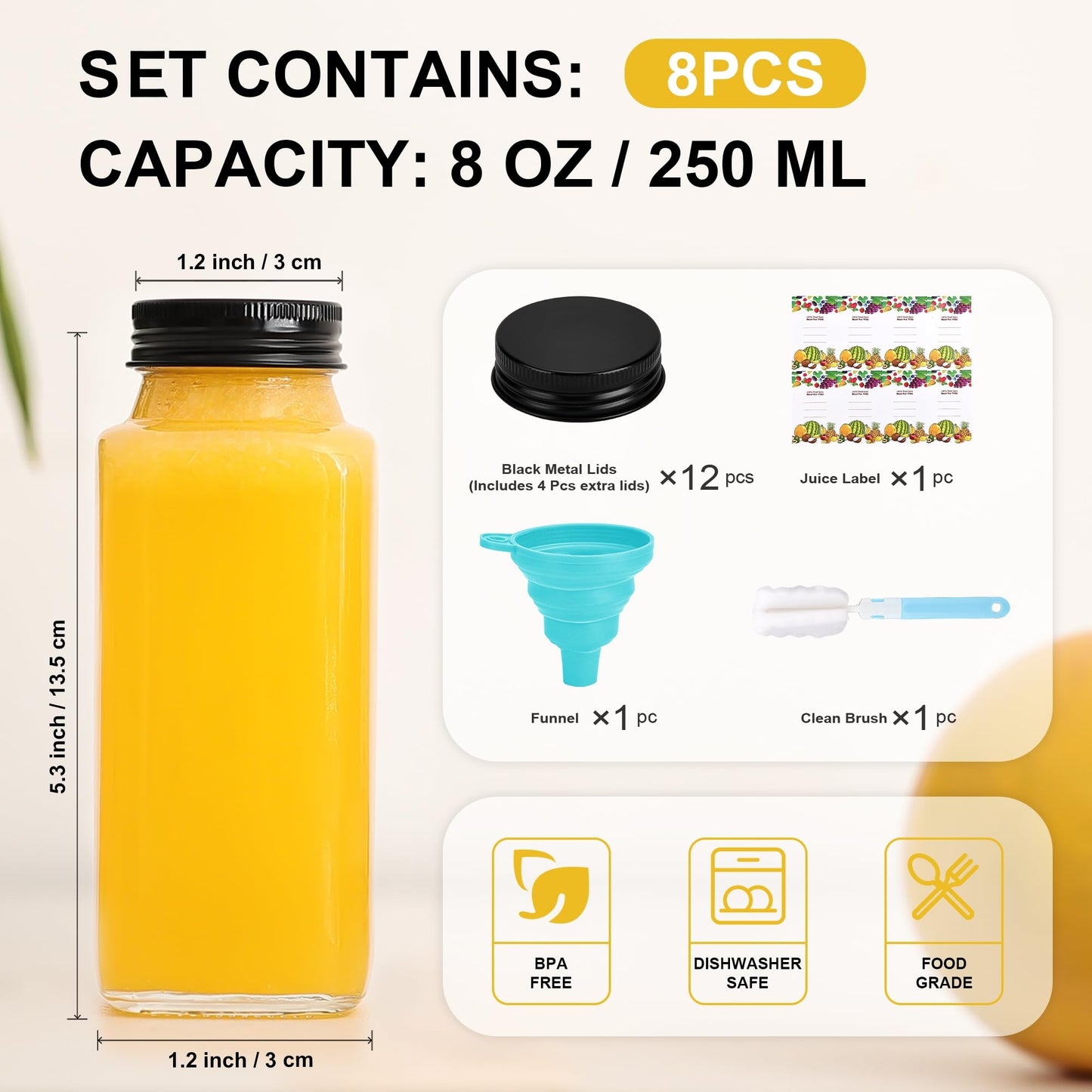 Glxgow 8 Pack 8 oz Glass Juice Bottles with Lids & Labels, Reusable Travel Juice Storage Containers, Clear Glass Drink Jars for Juicing, Water, Ginger, Wellness Shots - Leakproof, Dishwasher Safe