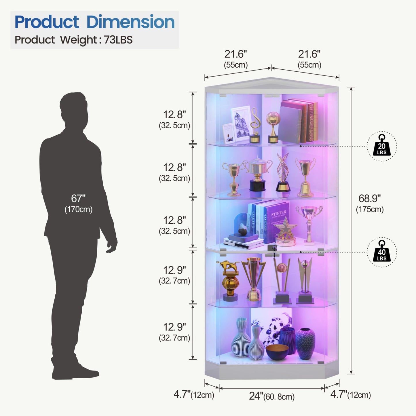 HNEBC Corner Display Cabinet with - RGB Lights and Glass Shelves,5-Tier Showcase Display Case with Glass Doors & Human Body Sensor,69" Corner Curio Cabinet for Collectibles/Toys,Storage Cabinet（White）