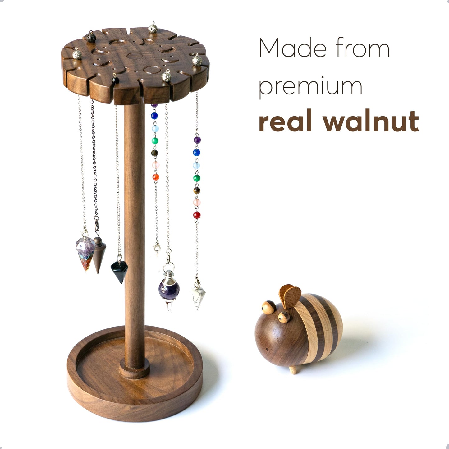 Kihomi Crystal Pendulum Stand with Tray - Walnut Moon Phase Round Crystal Display Holder up to 16 Pendulums and Healing Stone Rack, Wood Aesthetic Witchy Decor Ideal Witchcraft and Wiccan Supplies for