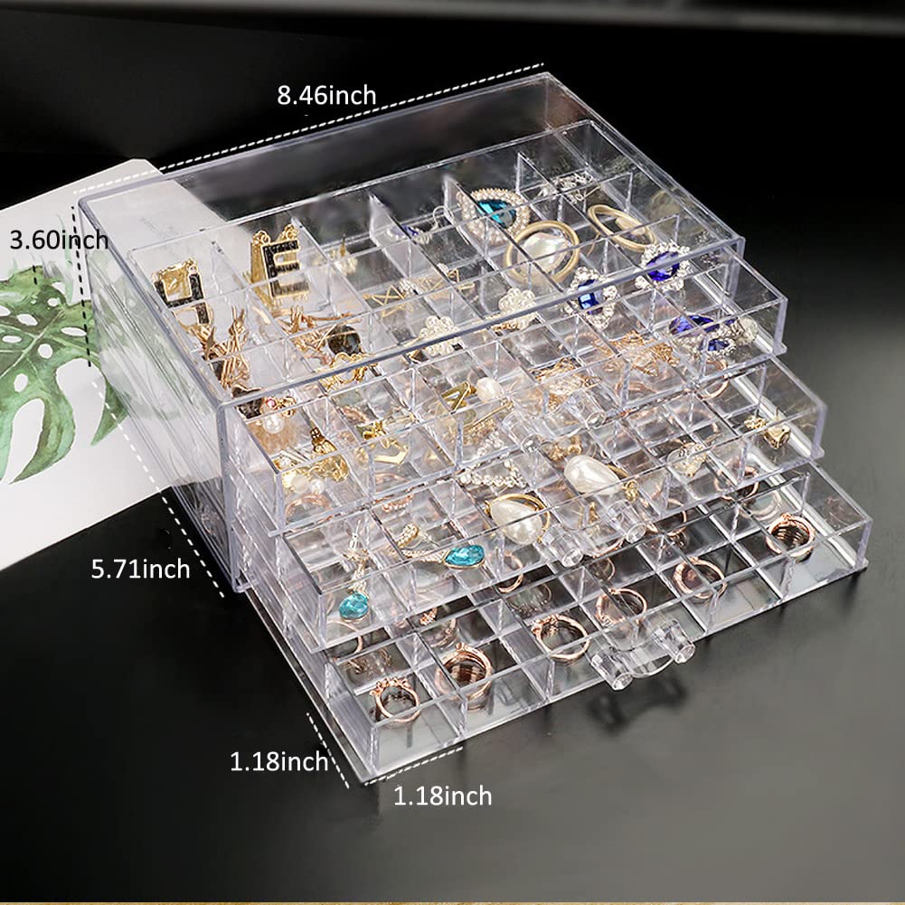 QIYUSHRY Earring Storage Box Acrylic Jewelry Storage Holder Ring Clear Plastic Transparent Jewelry Display Stand with 3 Drawers 72 Small Compartment Tray for Women Girls