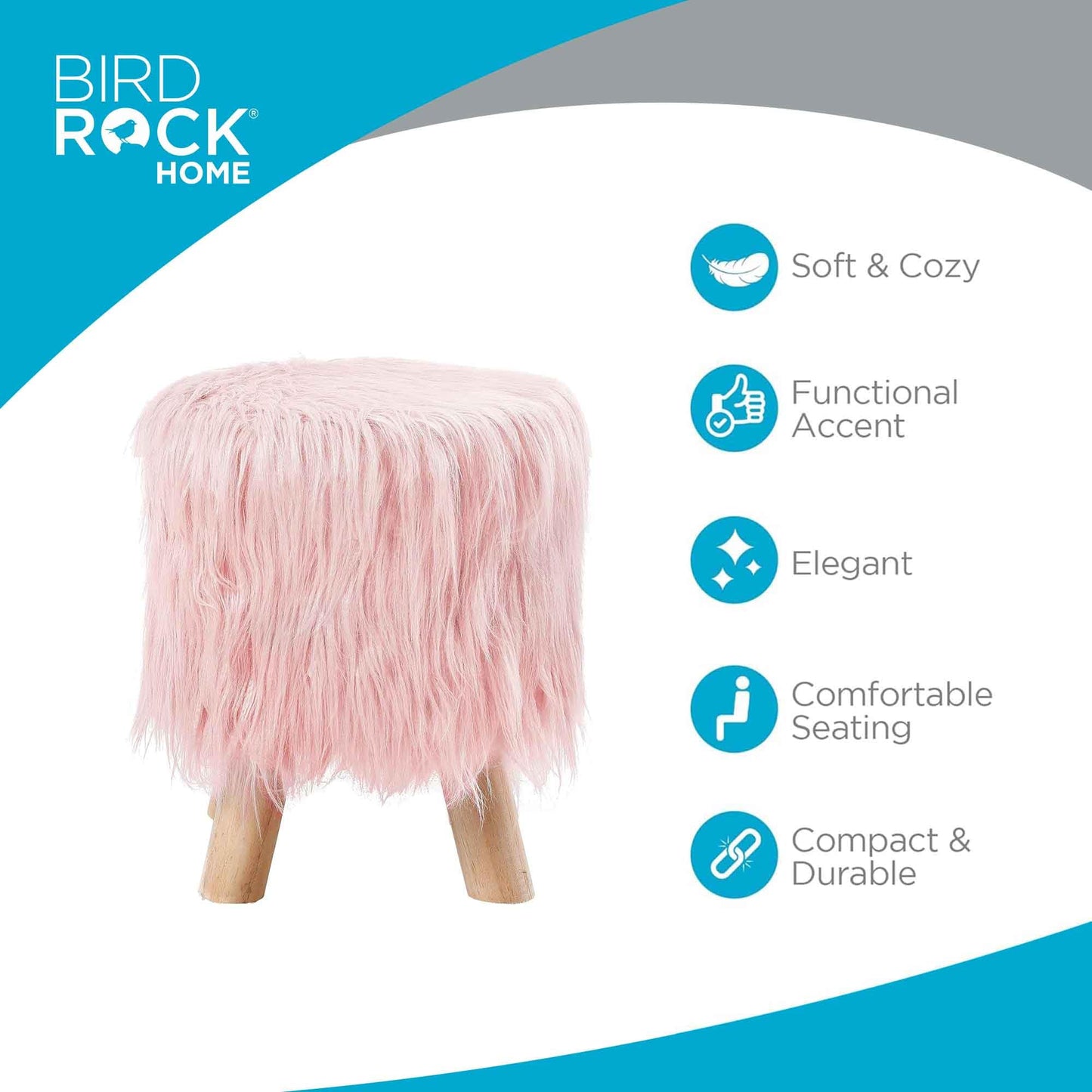BIRDROCK HOME Faux Fur Foot Stool Ottoman – Upholstered Vanity Chair w/Natural Wood Legs - Soft Compact Padded Seat for Makeup Room, Living Room, Bedroom – Decorative Accent Furniture – Pink