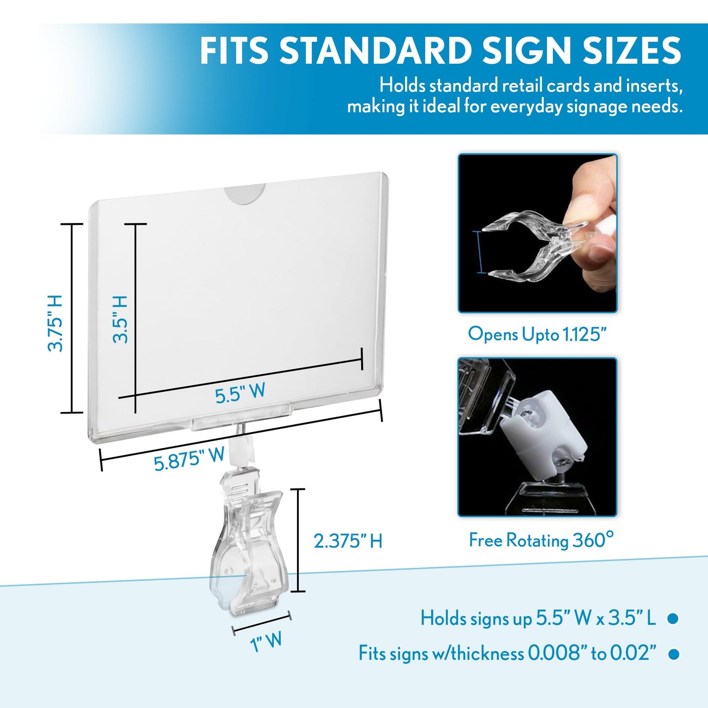 Clip Strip Rotating Clip on Sign Holder, 5 Pack Retail Display Sign Holders with 360° Swivelable Clamp, POP Rotating Sign Clip w/ Clear Print Protector Sleeve Fits Signs 5.5" W x 3.5" H, Clip on Racks, Rails, Tubes, or Merchandise