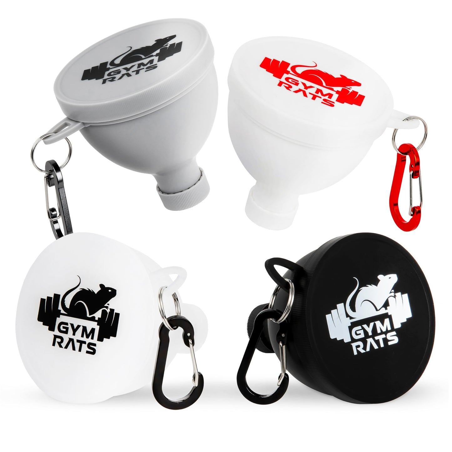 Protein Powder Funnel Set - Travel Protein Powder Container to Go with Carabiner & Reinforced Caps to Stop Spills - Protein & Pre Workout Powder Supplement Funnel for Bottles & Shakers - 4 Pack