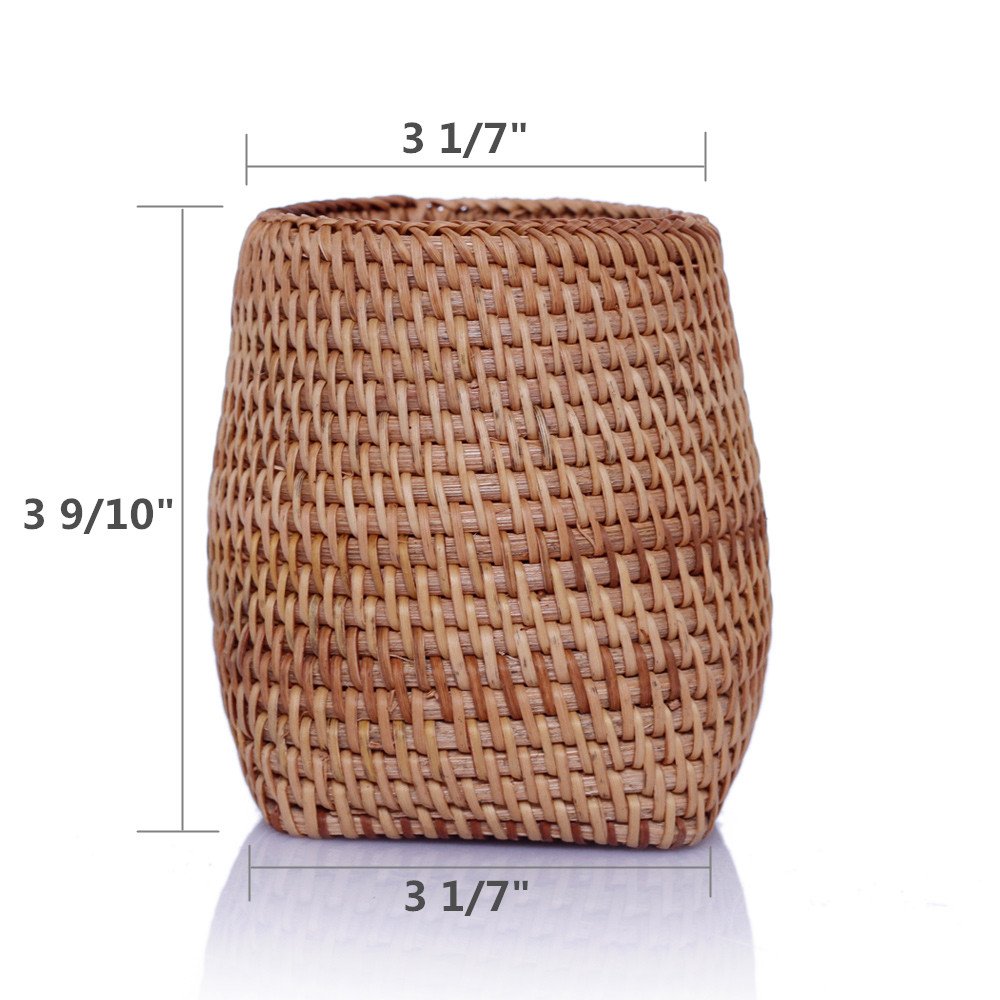 amololo Handmade Rattan Pencil Holder, Cone Makeup Brush Holder, Table Décor Organizer Cups for Stationery, Cosmetic Brushes, Flower Vase, Brown, 7 Inch (Round Top, Cube Bottom)