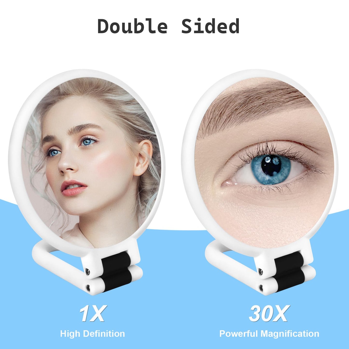 Sifolo 30x Magnifying Mirror, Travel Hand Mirrors with Handle - Double Side Handheld Mirror with 1X 30X Magnification & Adjustable Handle, Hand Held Foldable Travel Mirror for Makeup(Pearl White)