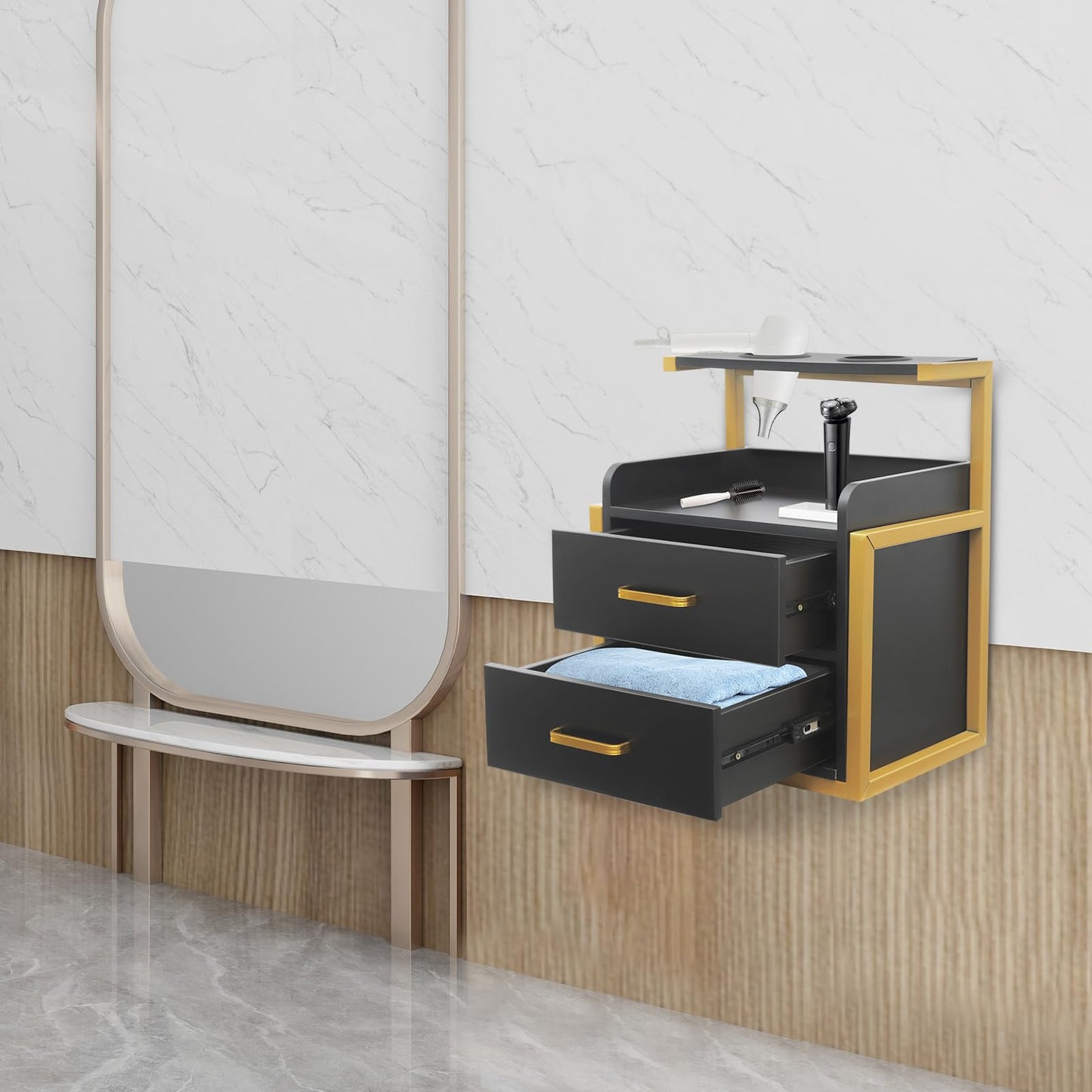 Eapmic Salon Cabinet with Drawers, Suspended Salon Wall Cabinet, Salon Stations Salon Table with 2 Drawers, Stylist Storage Cabinet Beauty Station with 2 Hair Dryer Holders (Gold＋Black)