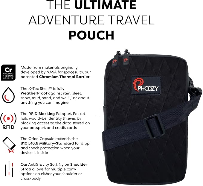 PHOOZY Orion Insulated Tech Bag For Travel - NASA Insulation Protects Your Phone, AirPods and Other Devices. Weatherproof X-Tech Shell with RFID Blocking Pocket for Complete Protection (Black)