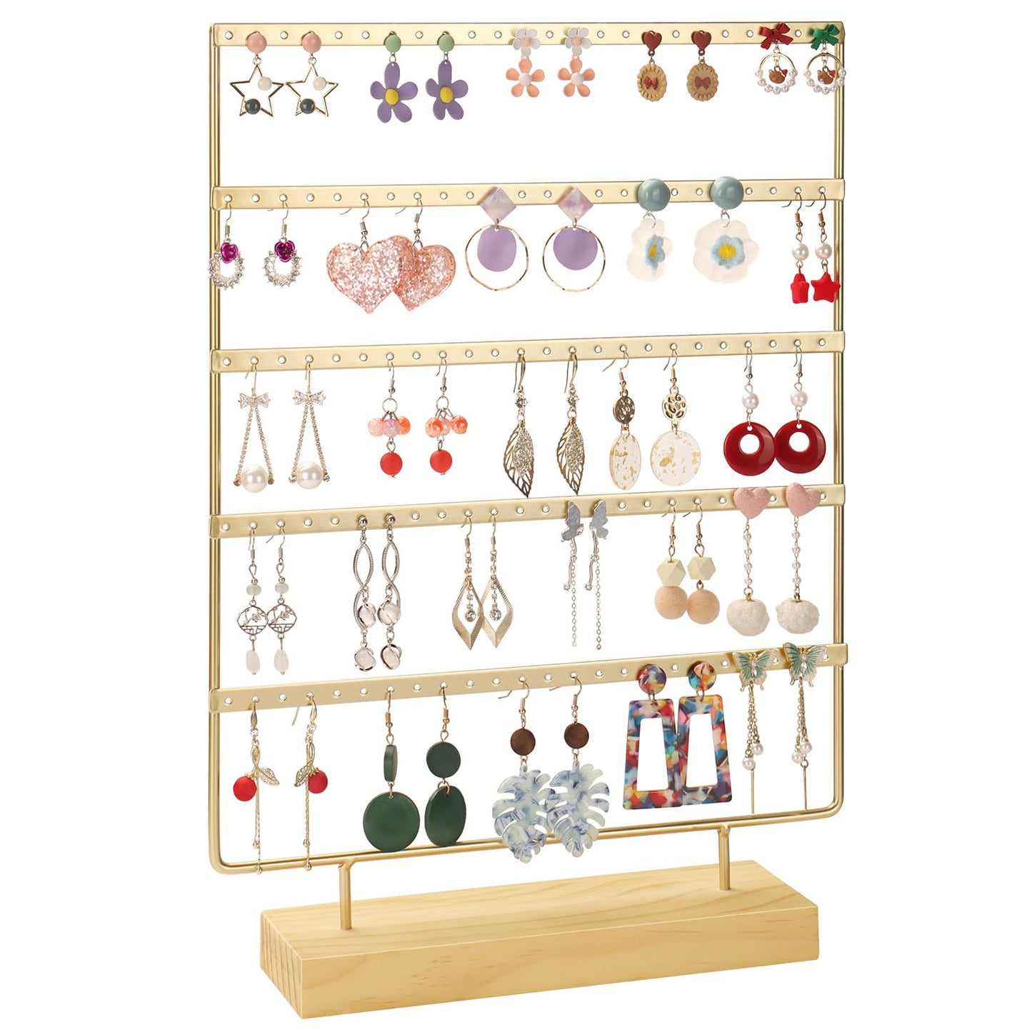 RUINENGDA Jewelry Organizer, 5 Tiers Earring Organizer with 120 Holes for Storing and Displaying Earrings of Various Styles, Models and Sizes, Removable Wooden Base for Home and Store Use