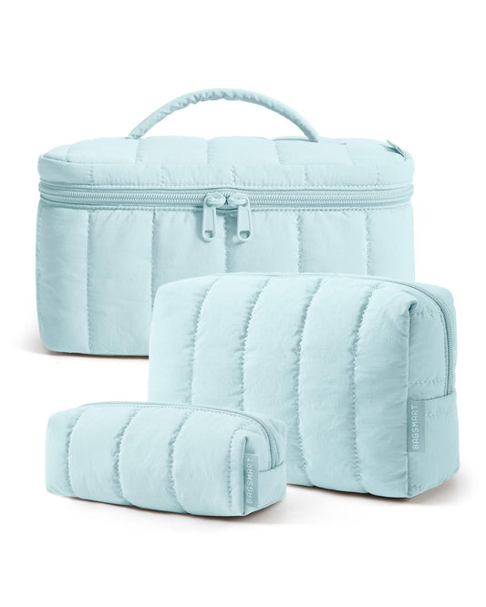 BAGSMART Travel Makeup Bag for Women, 3 Pcs Puffy Padded Cosmetic Organizer Bag, Large Toiletry Case and Small Purse Pouch for Gym, Work, Girls (Baby Blue)