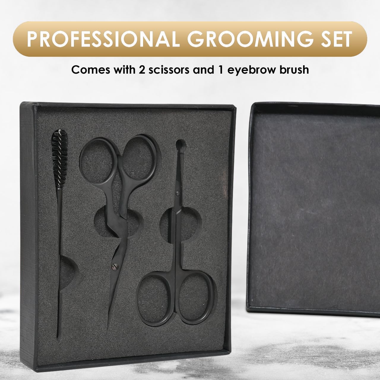 Eyebrow Scissors for Women and Men, Grooming Lash Beauty Scissors with Curved and Rounded Safety Tip Eyebrow Trimmer Scissors With Brush, Tijeras Para Cejas, Professional Black coated Trimming Scissor