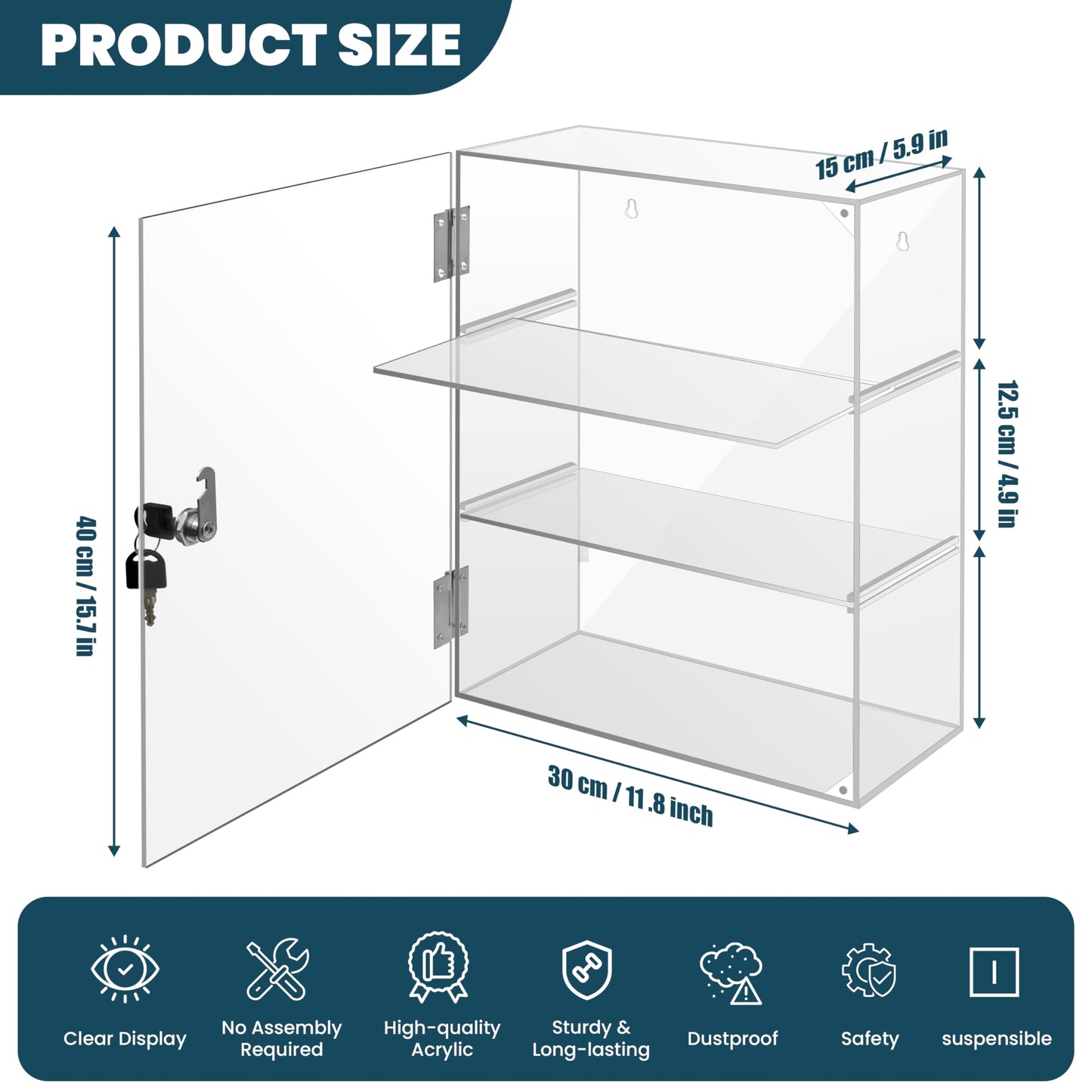Locking Display Case, Removable 3-Tier Acrylic Display Case with Lock Key, Clear Countertop Display case with Shelves Showcase Display Cabinet for Retail Store Collectibles Figures(11.8x5.9x15.7 inch)
