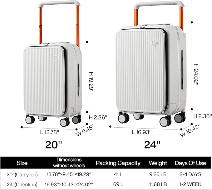 mixi Luggage Suitcases with Spinner Wheels 24'' Travel Luggage wih Front Laptop Pocket, Wide Handle PC Hardshell Suitcase with TSA Lock & Cover, Checked Luggage(Smoke White)