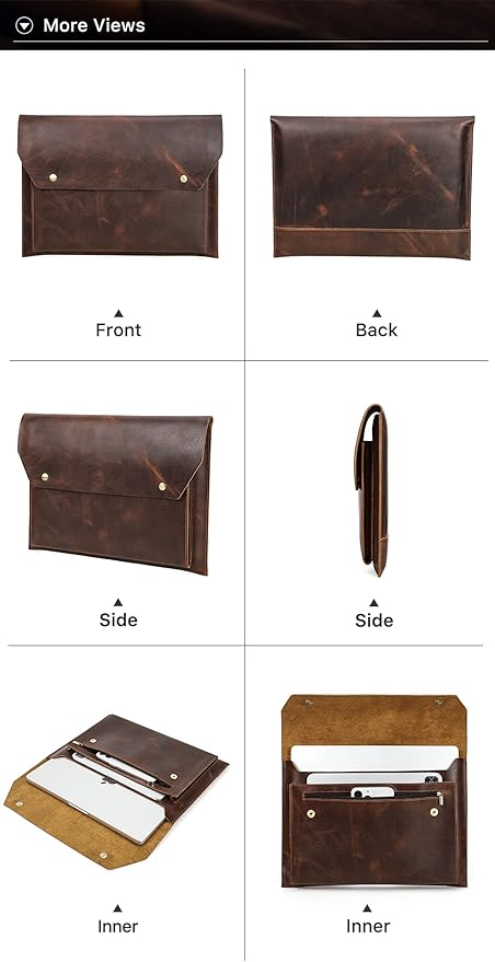 Top Grain Leather 14.2" Laptop Sleeve Bag, Magnet Snap Button Design & 3 Pockets, Compatible with MacBook Pro/Air 14"/13.3"/13.6" 2021 2022 M1 Pro/M1 Max A2442 & Other PC, Coffee 14.2 Inch