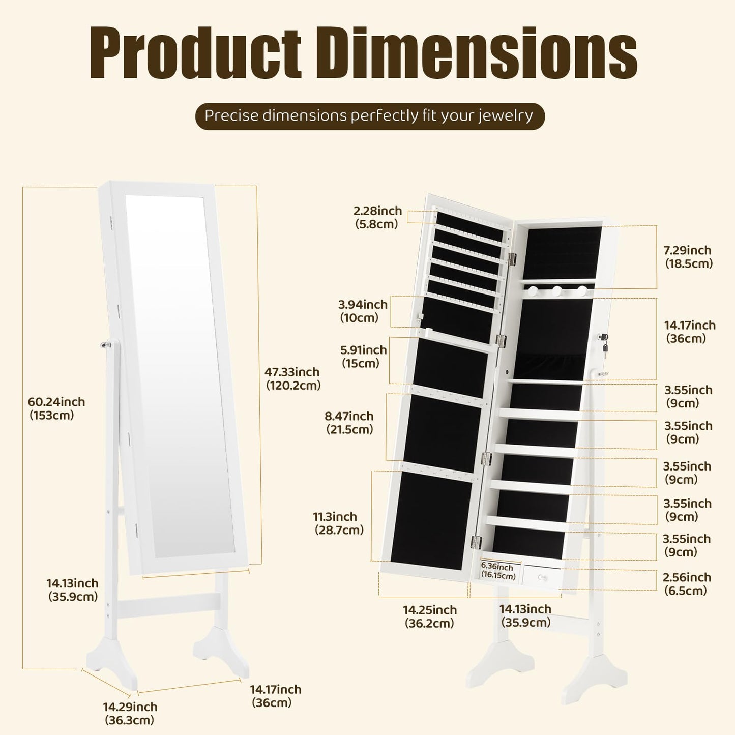 Sweetcrispy Freestanding Jewelry Armoire Cabinet, Lockable Standing Jewelry Organizer and Storage, Full Length Makeup Mirror, 3 Adjustable Angles (13°/23°/30°), 3 Angles, White