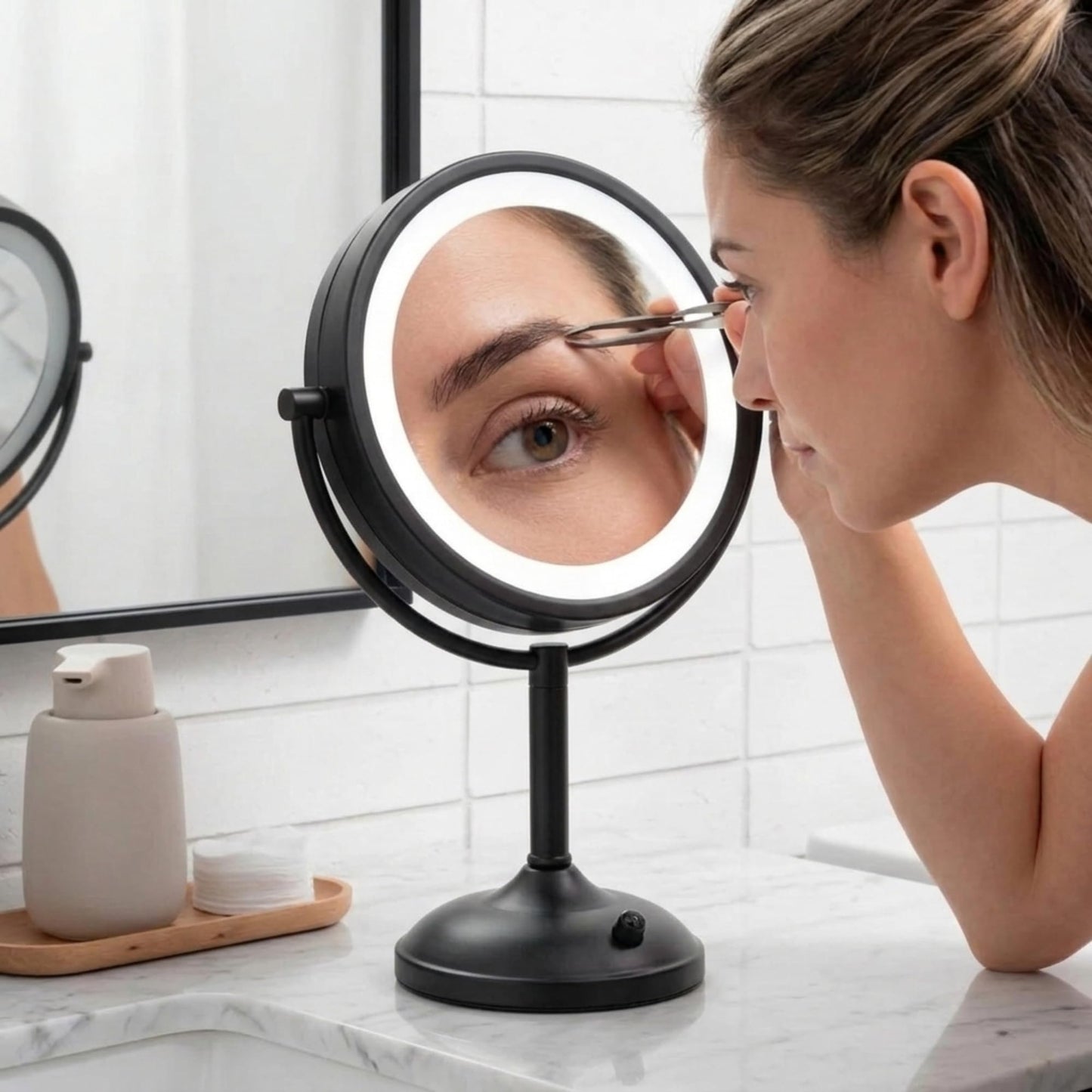 JERDON Lighted Tabletop Mirror with 10X/1X Magnification - Black Makeup Mirror with Multiple Light Settings - 8.5-Inch Diameter Vanity Mirror - Model JS8510BK