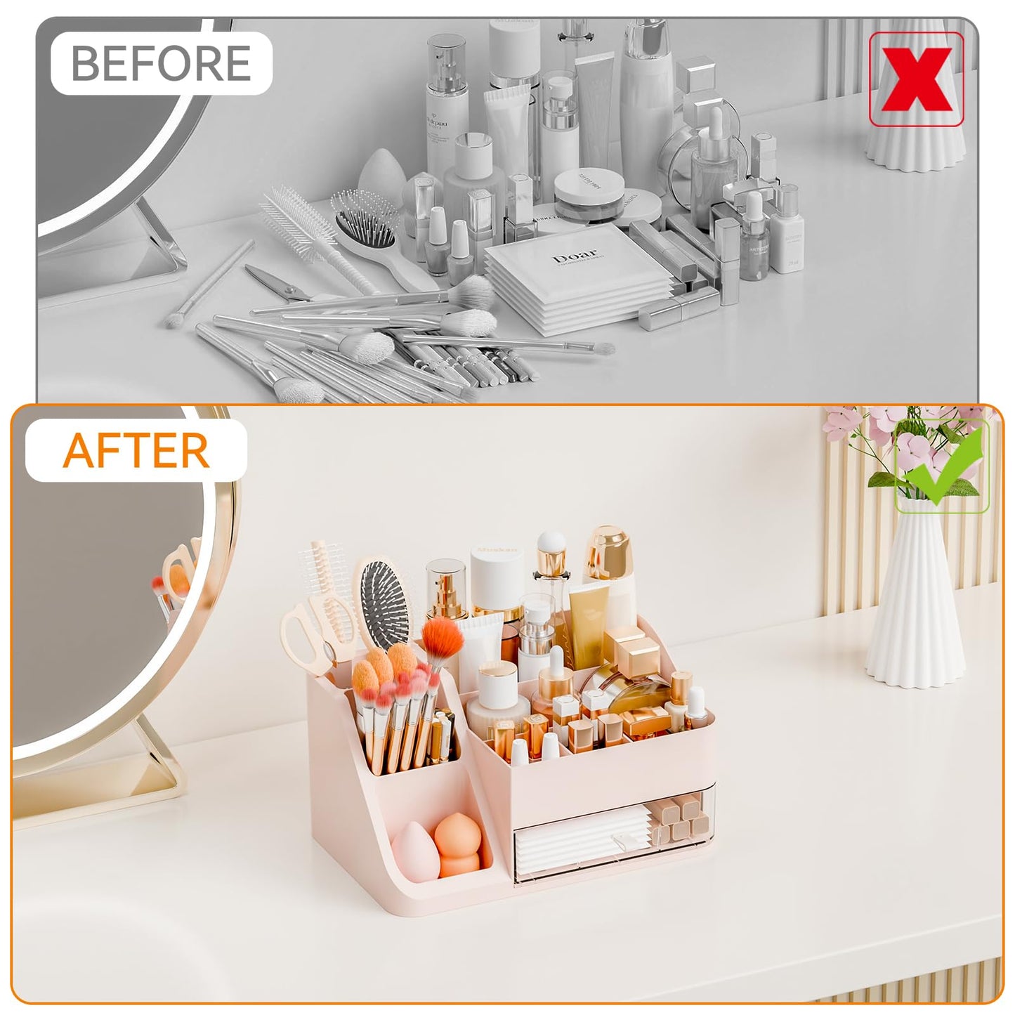 Yieach Countertop Makeup Organizers for Vanity,Bathroom,Dresser,Large Makeup Storage Organizer and Beauty Skincare Organizer,Plastic Makeup Holders and Organizers for Lotion,Hair Product & Tool,Pink