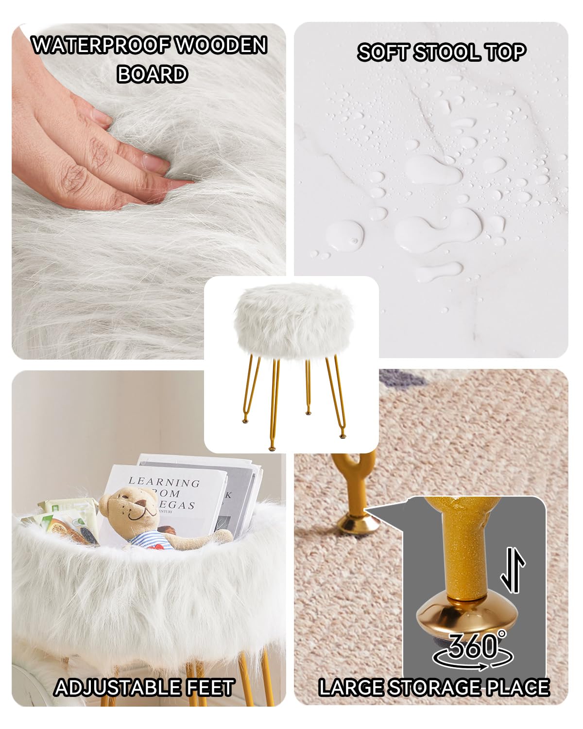 IBUYKE Round Faux Fur Vanity Stool with Storage, Furry Makeup Chair Ottoman, Soft Padded Seat, Round Footrest Footstools with 4 Metal Legs, for Living Room Bedroom Entryway, White WBD021W