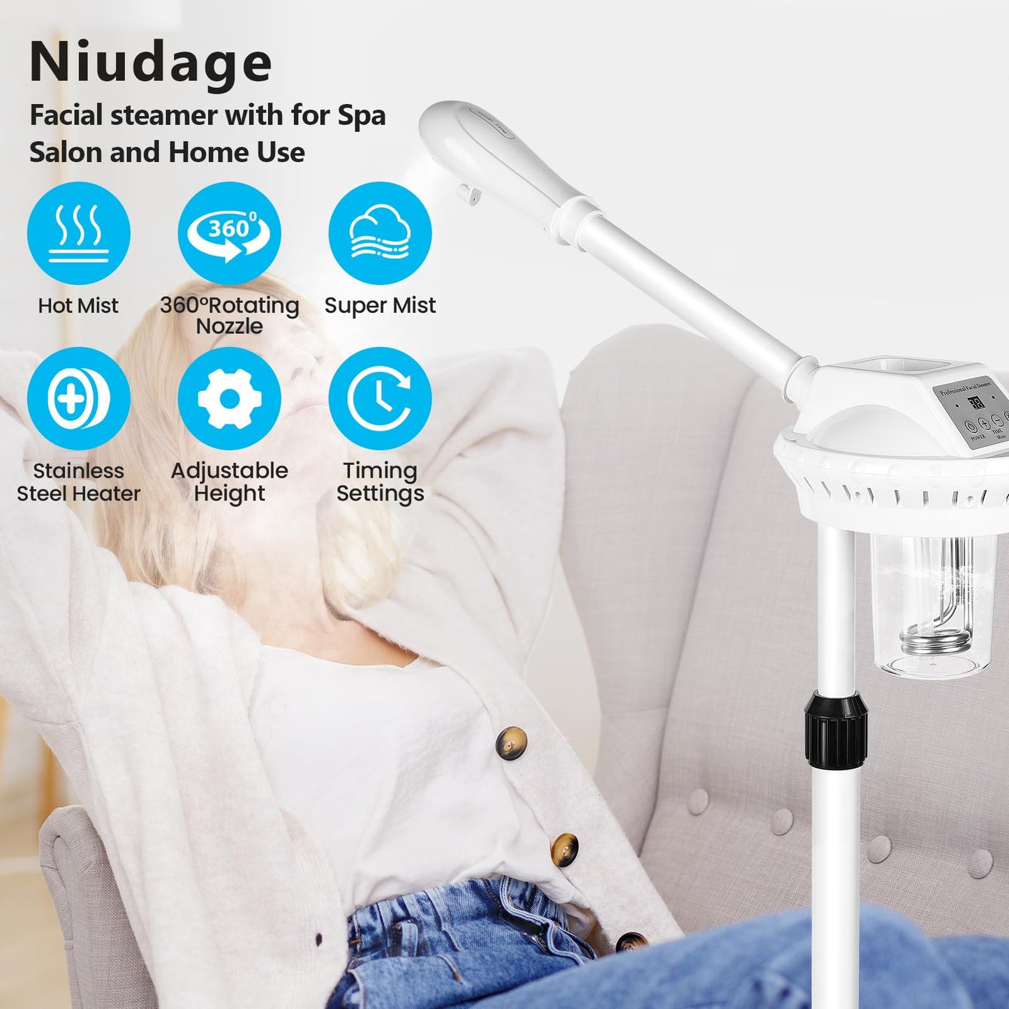 Facial Steamer Professional, Facial Steamer on Wheels, Ozone Face Steamer with More Steam for Deep Cleansing and Hydration, Estheticians Steamer for Beauty, Spa and Home Use（White）