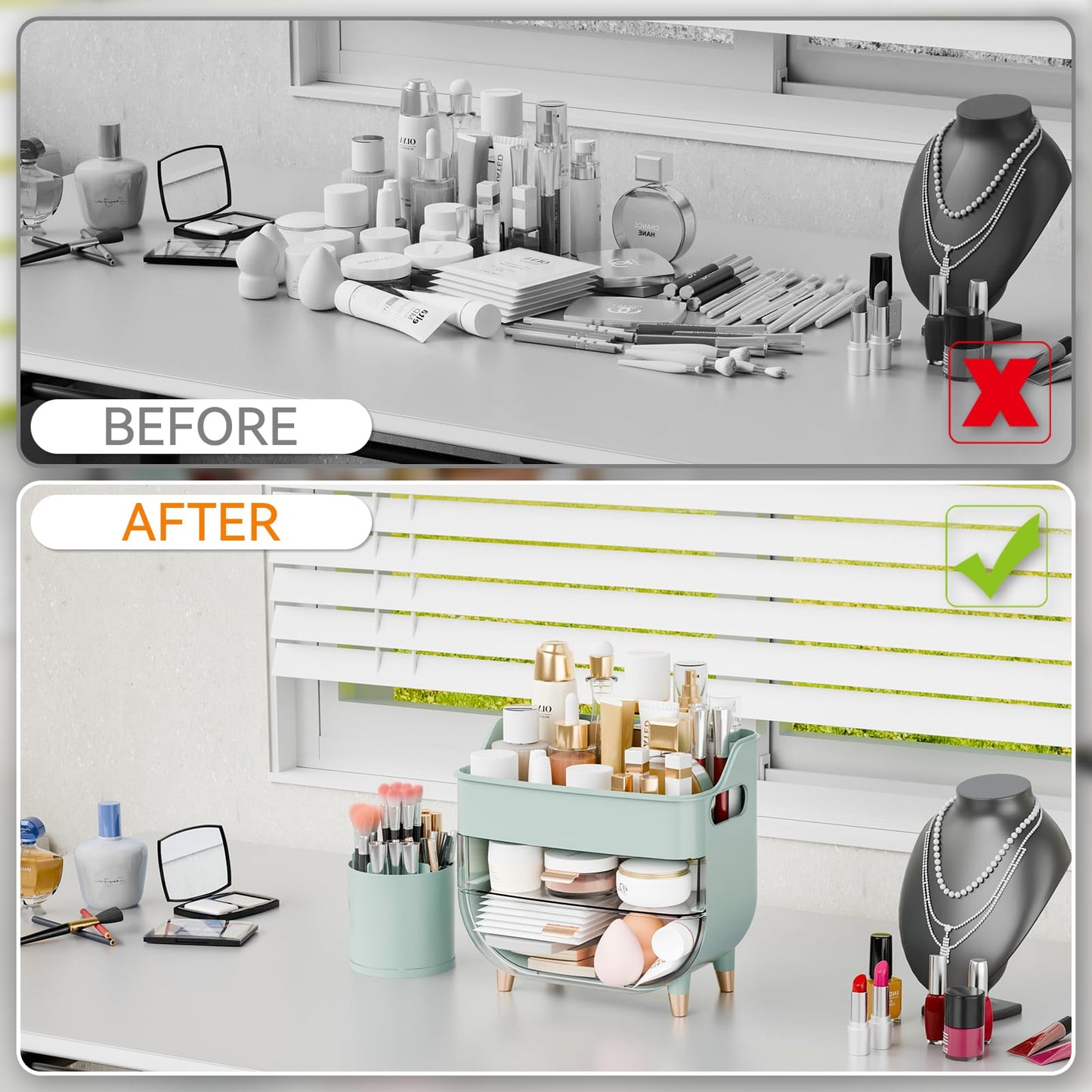 Yieach Green Make up Organizers for Counter,Vanity and Dresser,Bathroom Makeup Organizer Countertop,Large Makeup Storage Organizer for Hair Tool,Beauty Products,Skin Care and Cosmetic Display Cases