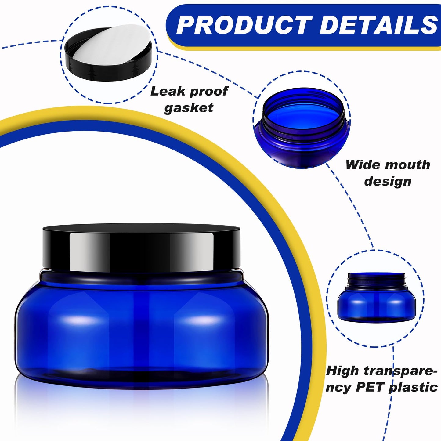 Tessco for you 24 Pack Plastic Jars with Lids Labels Multiuse Slime Containers Empty Body Scrub Jars Round Refillable Cosmetic Body Butter Container for Makeup (5 oz,Blue,Black)