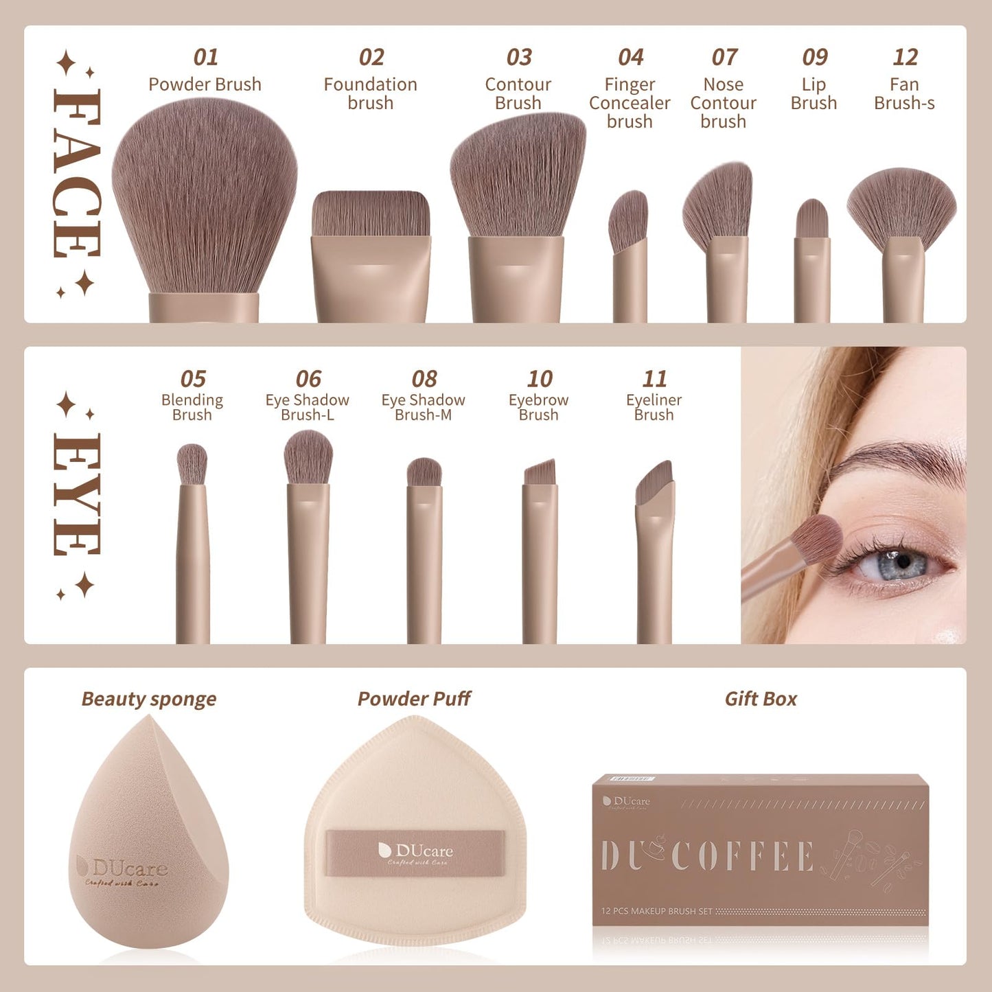 DUcare 14pcs Makeup Gift Set,12Pcs Coffee Series Makeup Brush set with 2pcs Makeup Sponges Foundation Blending Face Powder Blush Eye Shadows Brushes