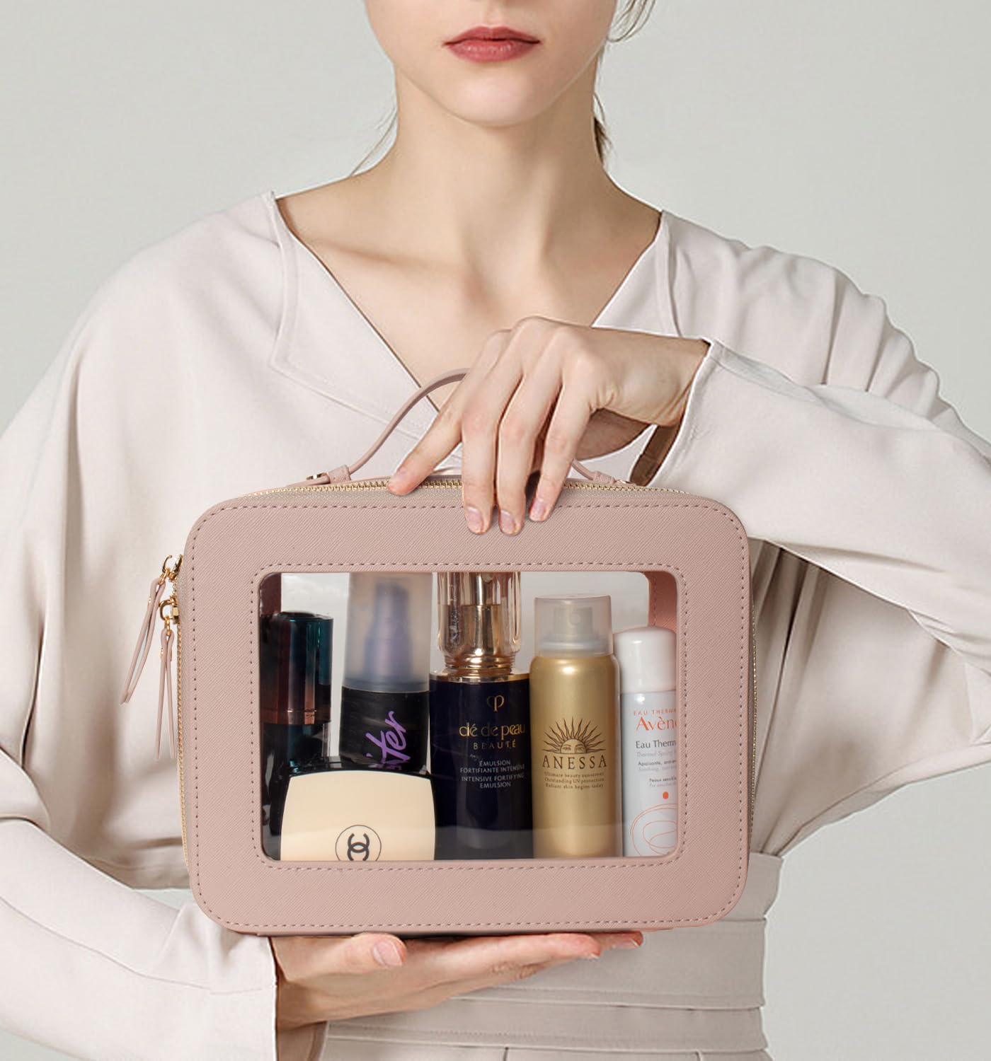 LETGO Clear Makeup Bag Organizer,Travel Toiletry Bag Cosmetic Case for Women,Portable Beach Make Up Skincare Pouch Car Organizer Bag with Zippers for Essentials(Large-Nude)