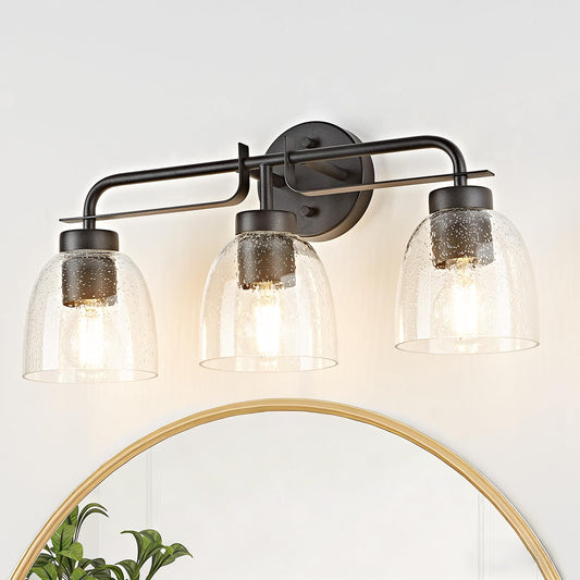 SEABLE 3-Light Farmhouse Bathroom Vanity Light Fixtures, Modern Industrial Black Vanity Lights for Bathroom Light Fixtures with Vintage Bubble Glass Shade Wall Sconce for Mirror, Bedroom, Hallway