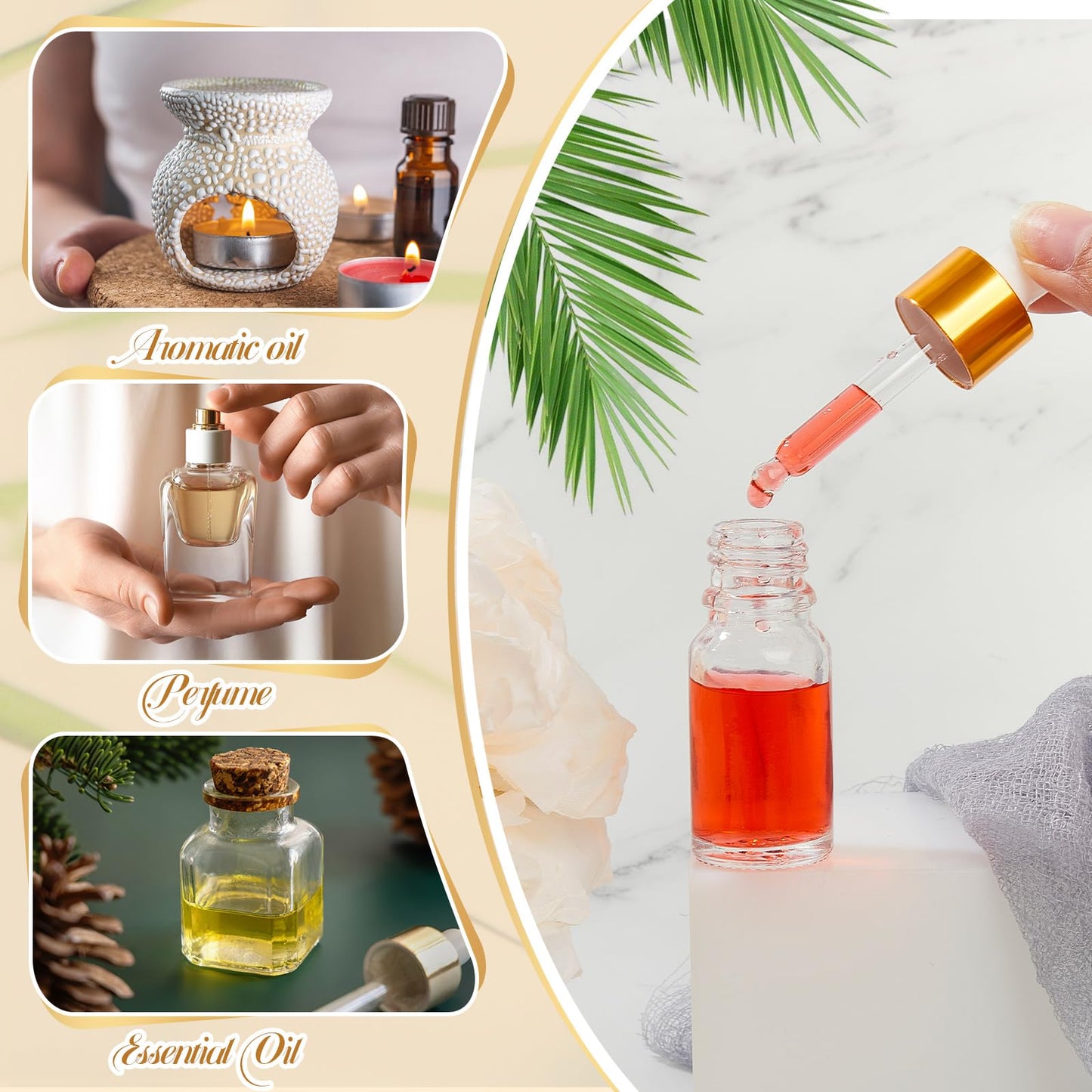 Didaey 100 Pcs 10 ml Mini Glass Oil Dropper Bottle Bulk, Clear Essential Small Empty Bottles Sample Containers Perfume Liquid Vials with Cap for Traveling (Champagne Gold)
