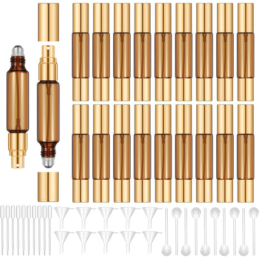 Domensi 20 Pack Dual-head Perfume Roller Bottles, 10ml Travel Refillable Bottles with Roller Ball & Spray for Essential Oils & Cologne, Leakproof Travel Atomizer with Funnel Tool(Amber)