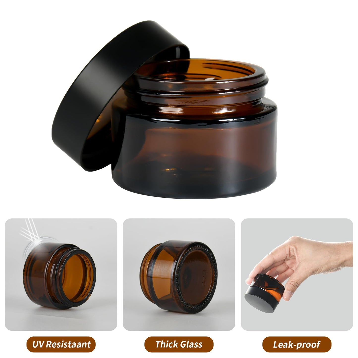 YONKAN 2 oz Reusable Amber Glass Container Jars 24 Pack with Wide-mouth Leak Proof Cap and Inner Pull-On Lid for Travel Storage Makeup, Face Creams, Body Lotions, DIY Crafts or Others