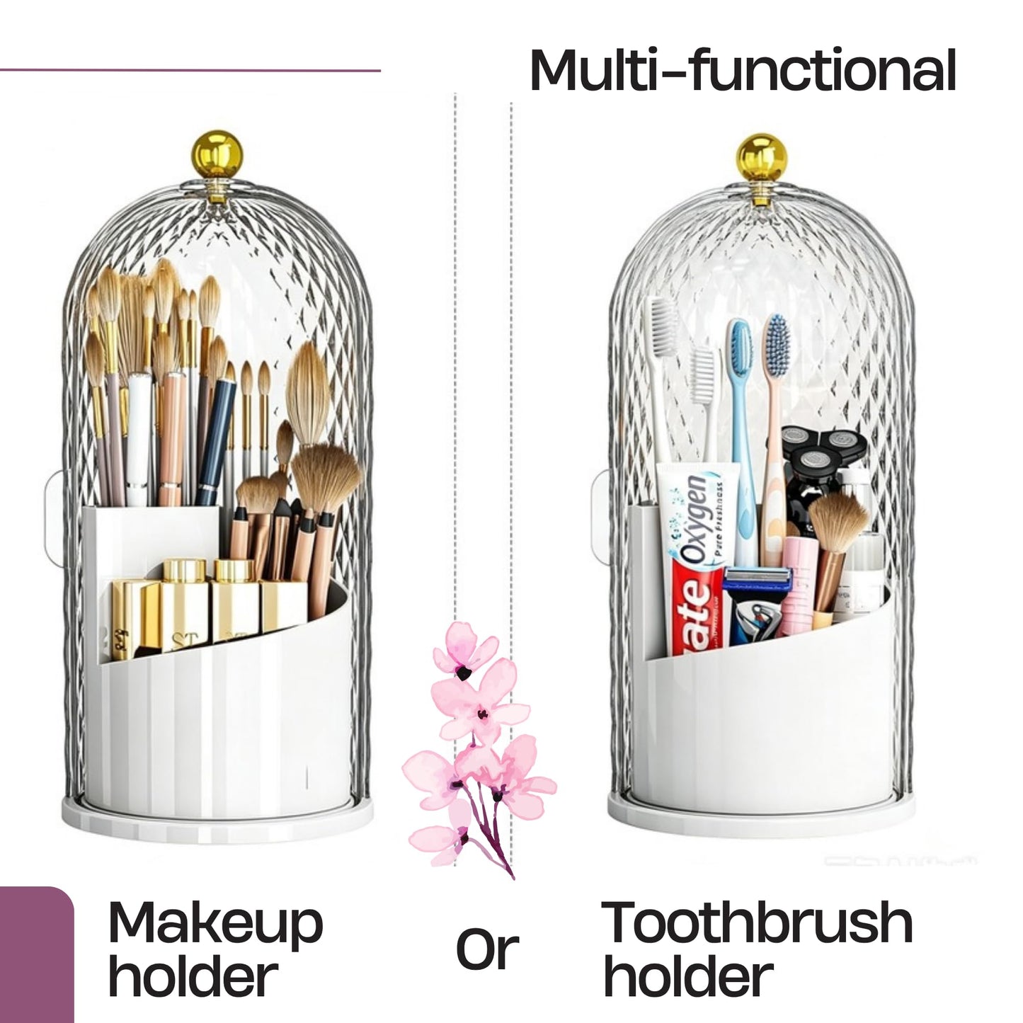 LEAFEEL LEFEEL Lumière Mini 360 Rotating Makeup Organizer with Lid, Diamond Cut Cosmetic Organizer - Dustproof Vanity Organizer for Makeup Brushes, Toothbrush & Bathroom Countertop （White
