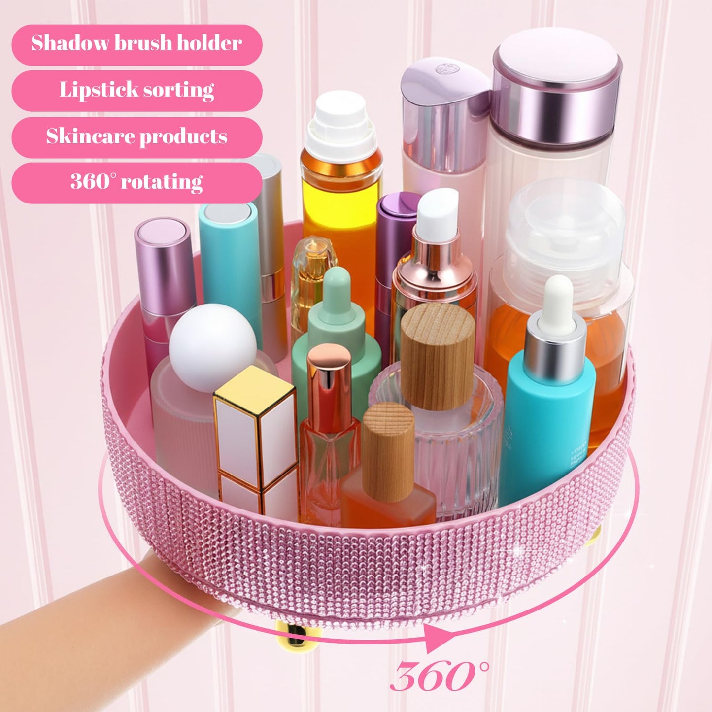 MAQUITA Pink Makeup Brush Holder Bling 360° Rotating Organizer, Perfume Storage for Vanity Countertop with Rhinestone, Gift for Women