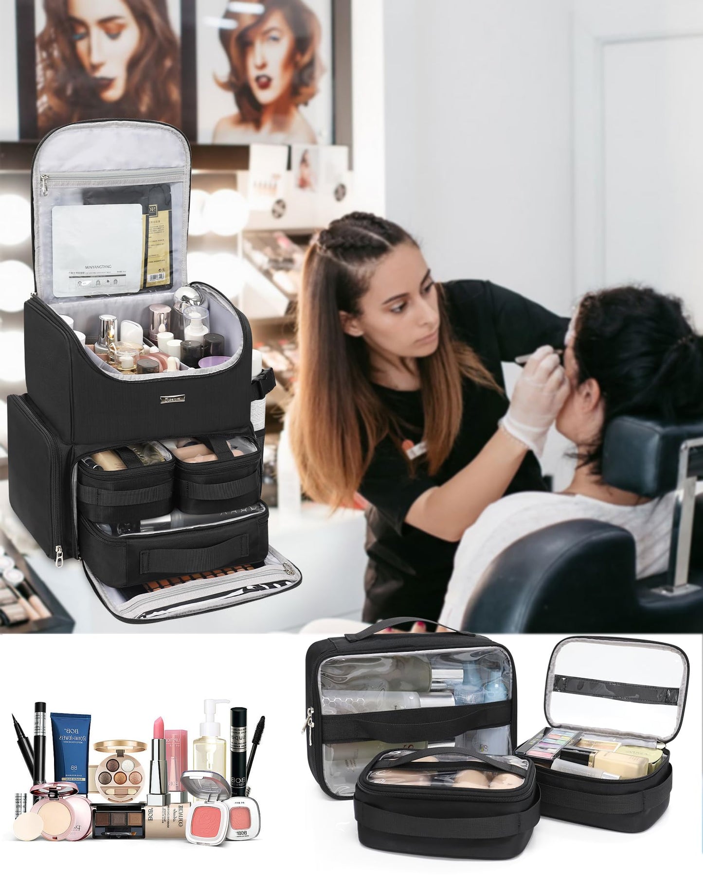 Relavel Makeup Backpack Large Makeup Bag with 3 Clear Set Bags, Dual Layer Professional Cosmetic Organizer Travel Train Case Makeup Artist Kit with Adjustable Dividers & Easy to Clean Lining, Black