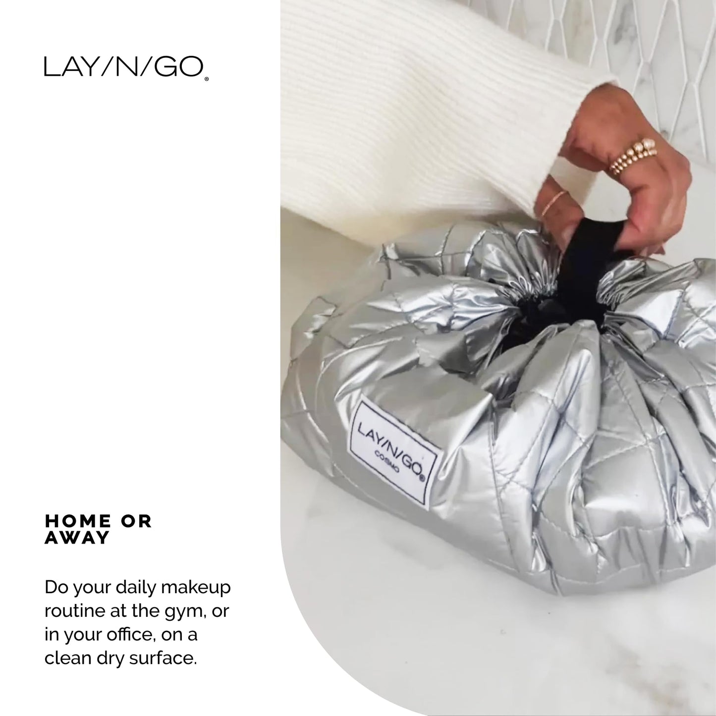 Lay-n-Go Cosmo Lay Flat Drawstring Cosmetic & Makeup Bag Organizer - Zipper Pocket, Brush Loops & More - Durable, Machine Washable Toiletry Carrier for Travel, Cinch Closure, Gift (20", Evergreen)
