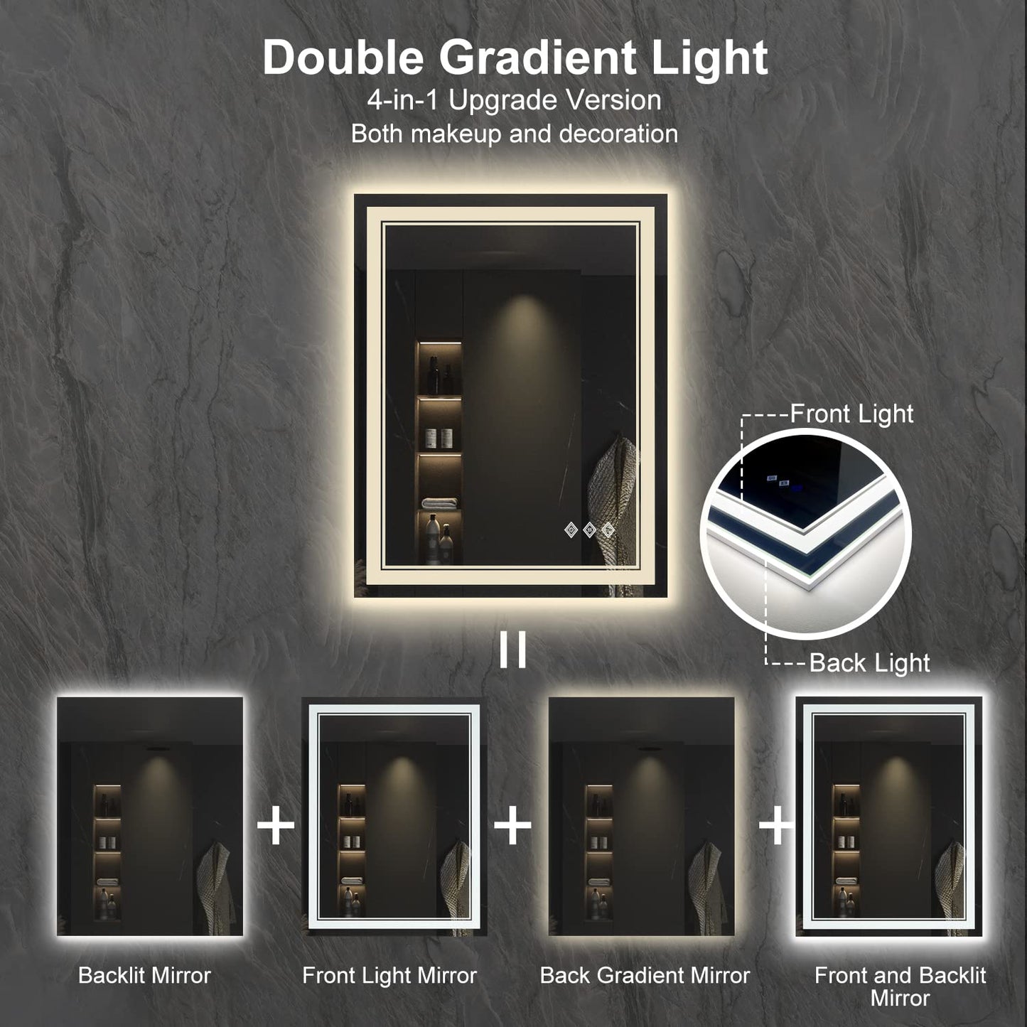 VanPokins LED Bathroom Mirror, 24x32 Inch Gradient Front and Backlit Vanity Mirror with Lights, 3 Colors Dimmable CRI>90, IP54 Enhanced Anti-Fog, Hanging Plates Bathroom Mirror with Lights