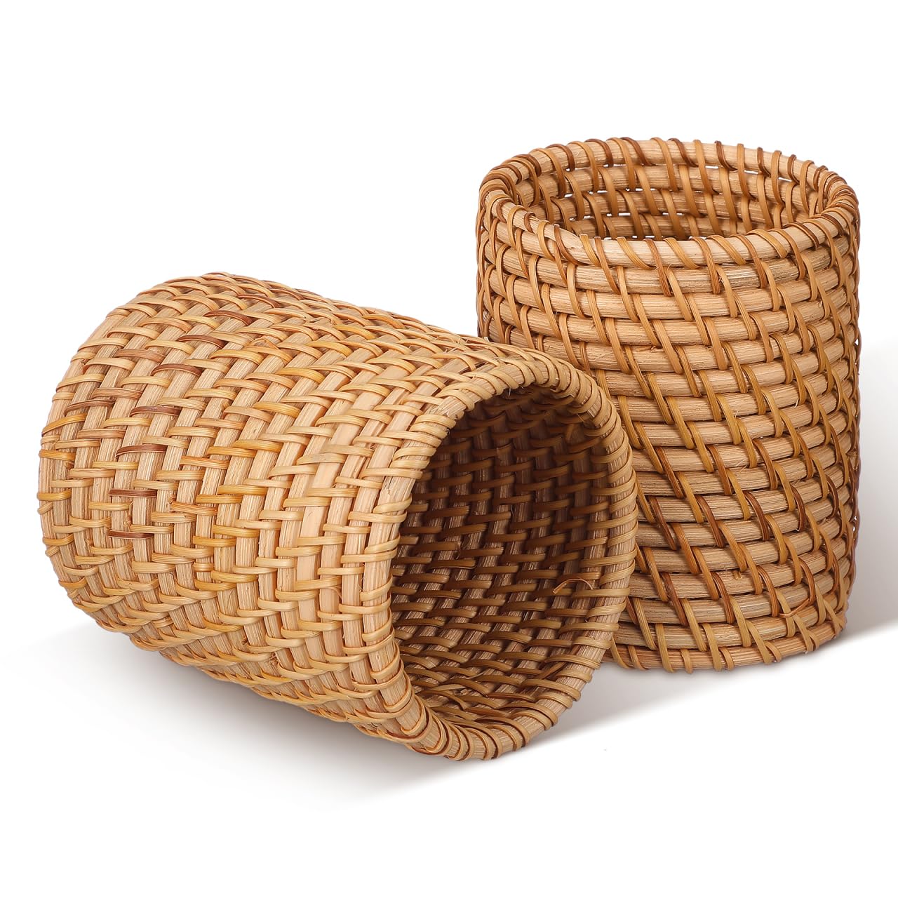 SEWACC 2pcs Rattan Pencil Holder, Handmade Wicker Pen Cups, Boho Pencil Organizer, Makeup Brush Storage for Desktop, Home Office Use