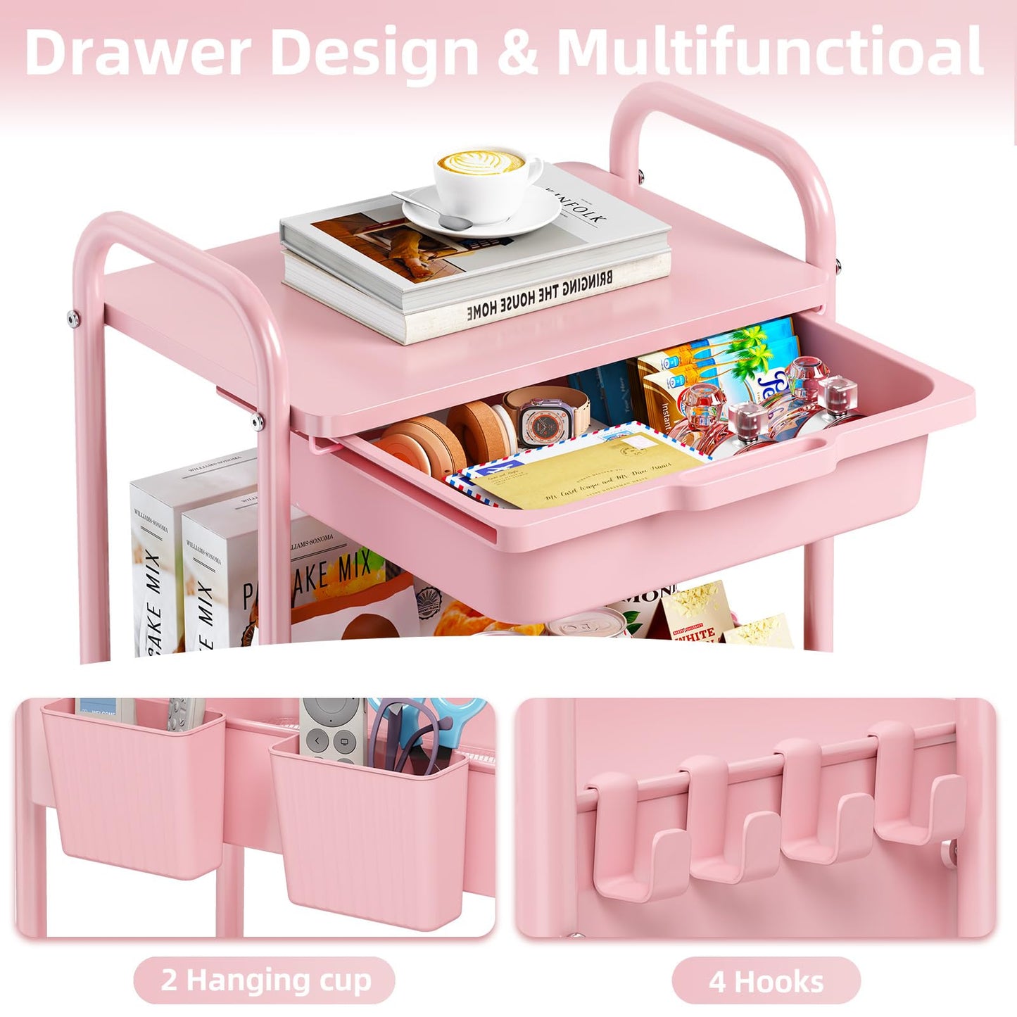 3 Tier Metal Rolling Utility Cart with Drawer & Lockable Wheels - Heavy Duty Multifunctional Storage Organizer with 2 Cups and 4 Hooks for Bathroom, Kitchen, Snack, Craft, Makeup, Baby Essentials