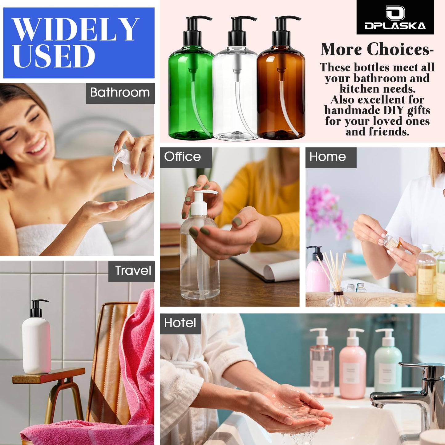 3 Packs Pump Bottle 16oz Empty Shampoo and Conditioner Bottles for Body Wash Lotion Clear Bottle Dispenser with Black Pump