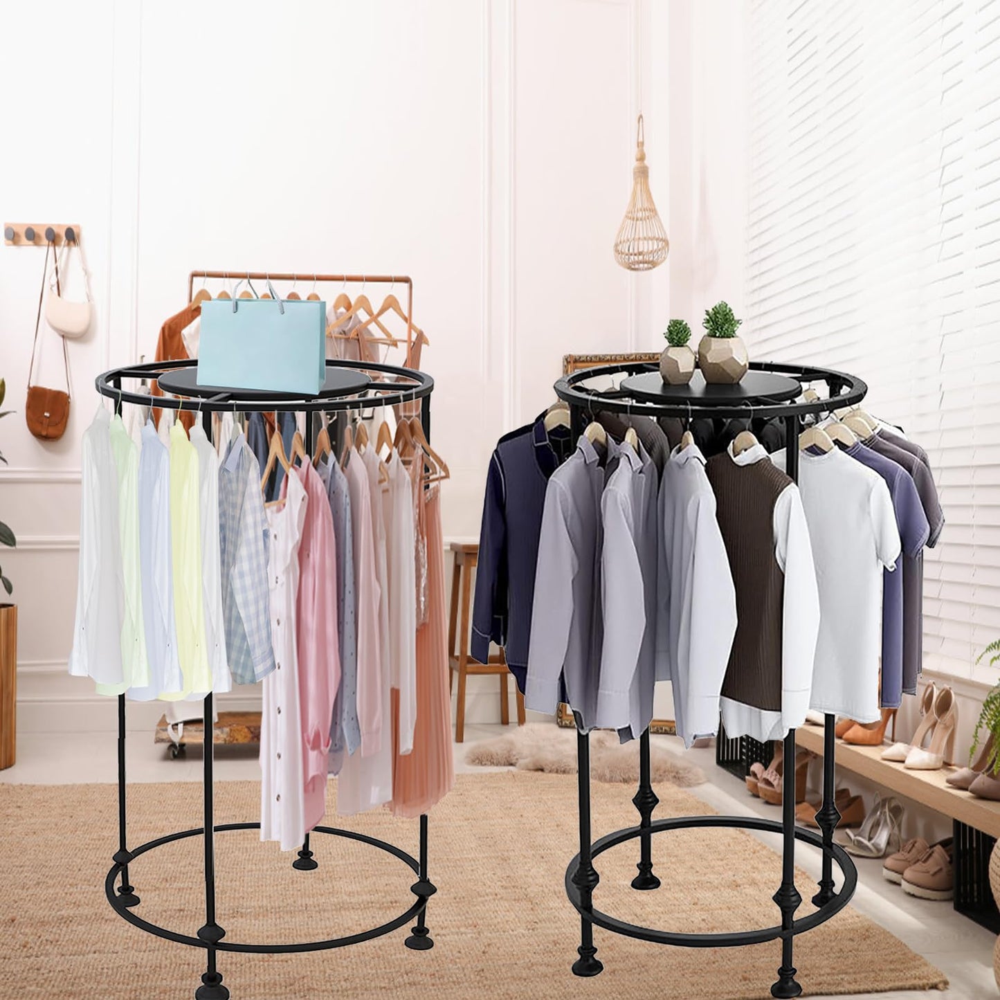 Freestanding Round Garment Display Retail Rack, Floor-Standing Double Space Multi-Purpose Metal Shelf for Clothes Storage, Commercial Clothing Organizer in Retail Boutiques (Black, 23.6"x 51.2")