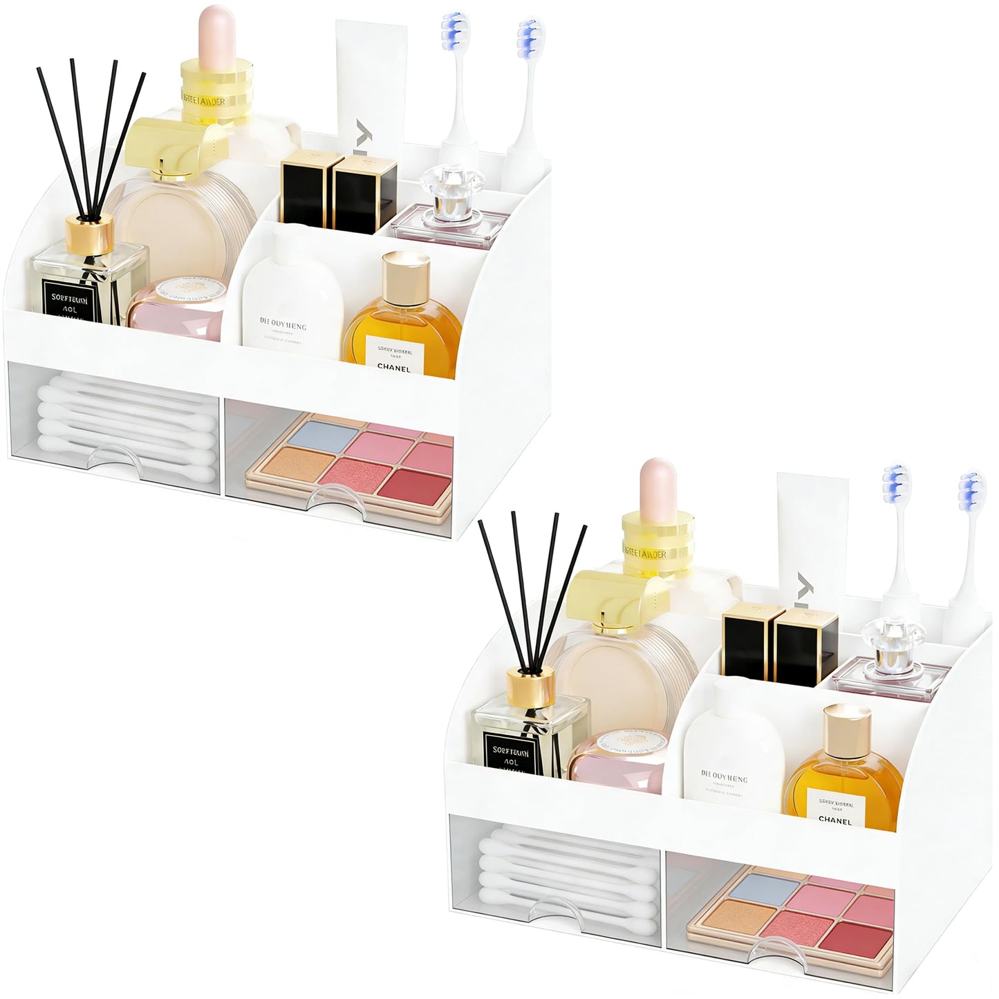 Makeup Organizer with 2 Drawers, Cosmetic Storage for Dresser Vanity and Bathroom Countertop,Make up organization and Skincare Storage with Beauty Brush Holder, Cosmetic Display Case 2Pcs White