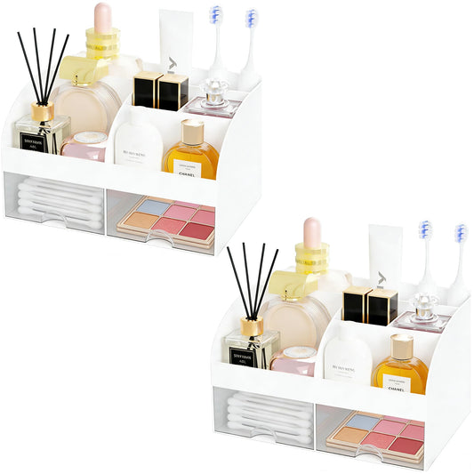 Makeup Organizer with 2 Drawers, Cosmetic Storage for Dresser Vanity and Bathroom Countertop,Make up organization and Skincare Storage with Beauty Brush Holder, Cosmetic Display Case 2Pcs White