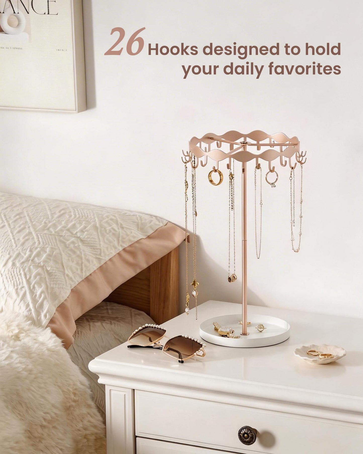 Lolalet Necklace Organizer Holder, Jewelry Display Rack Tree Stand with 26 Hooks & Metal Base Tray, Tall Hanging Storage for Necklaces, Keychains, Bracelets, Mothers Day Gift for Women -Rosegold