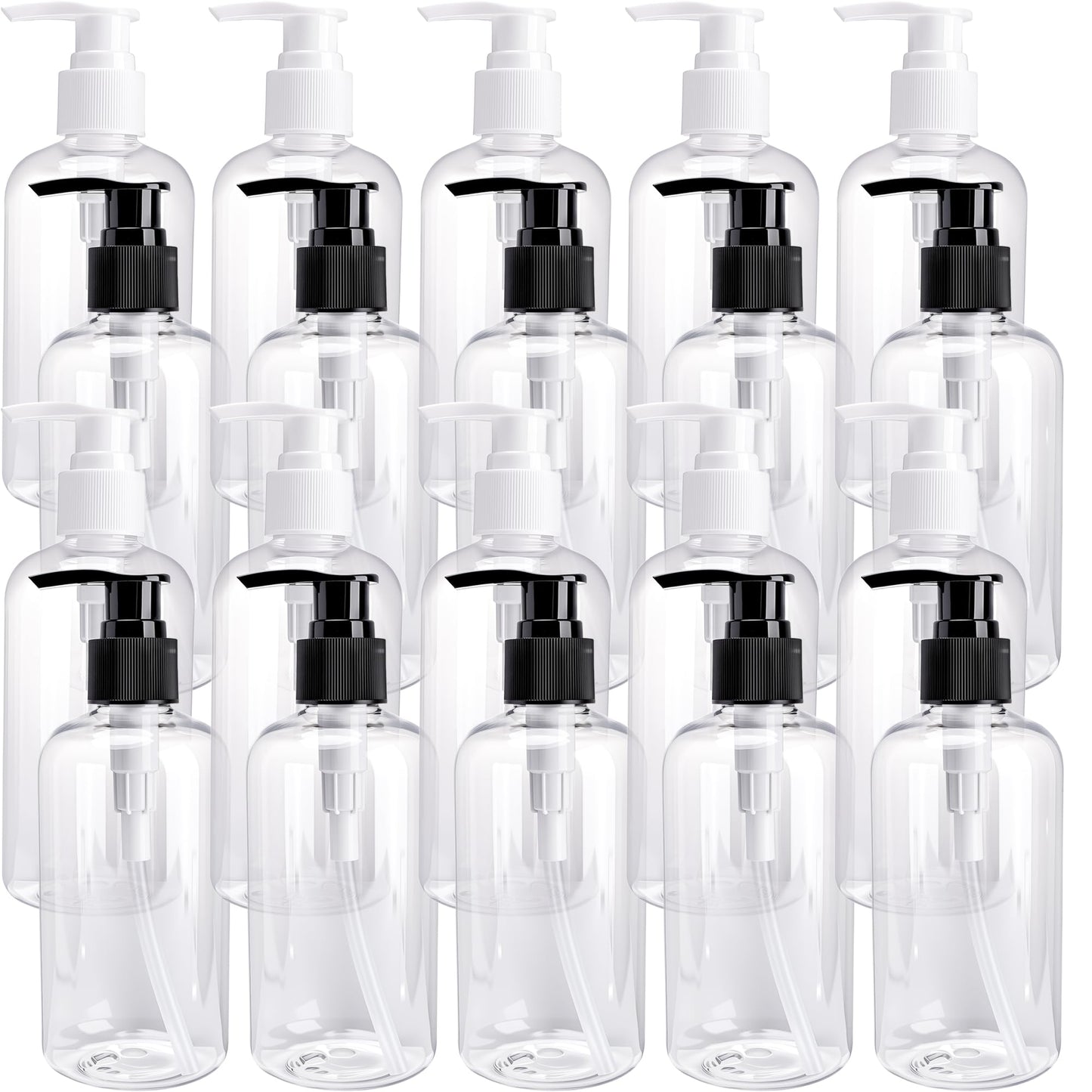 20 Pack 250ml Empty Lotion Bottles with Black and White Pumps Clear Plastic Pump Bottles Round Shoulder Containers for Face Cream Liquid Hand Soap Shampoo Conditioner