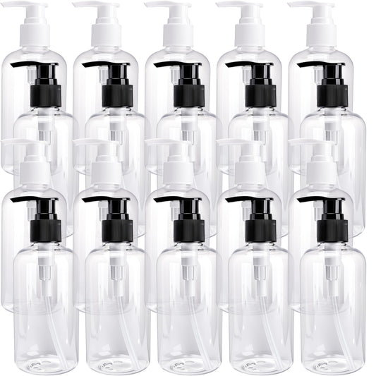 20 Pack 250ml Empty Lotion Bottles with Black and White Pumps Clear Plastic Pump Bottles Round Shoulder Containers for Face Cream Liquid Hand Soap Shampoo Conditioner